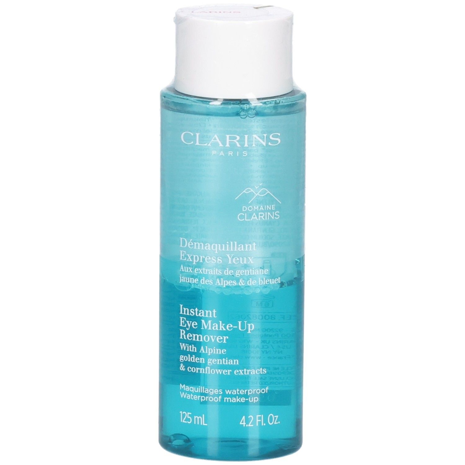 Clarins Instant Eye Make-Up Remover, flacone da 125 ml con liquido blu, fronte.