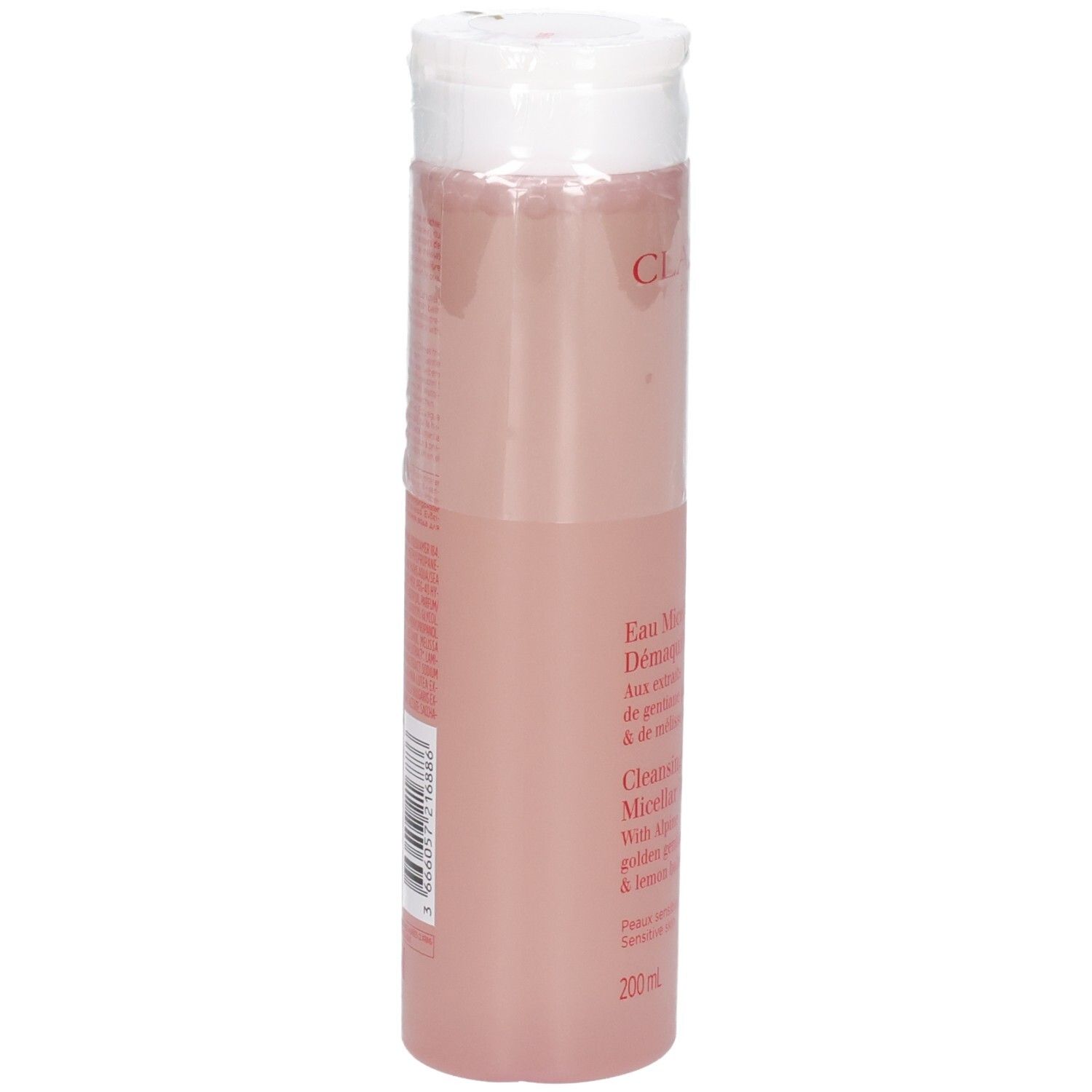 Clarins Acqua Micellare Detergente, vista laterale del flacone trasparente con liquido rosa.