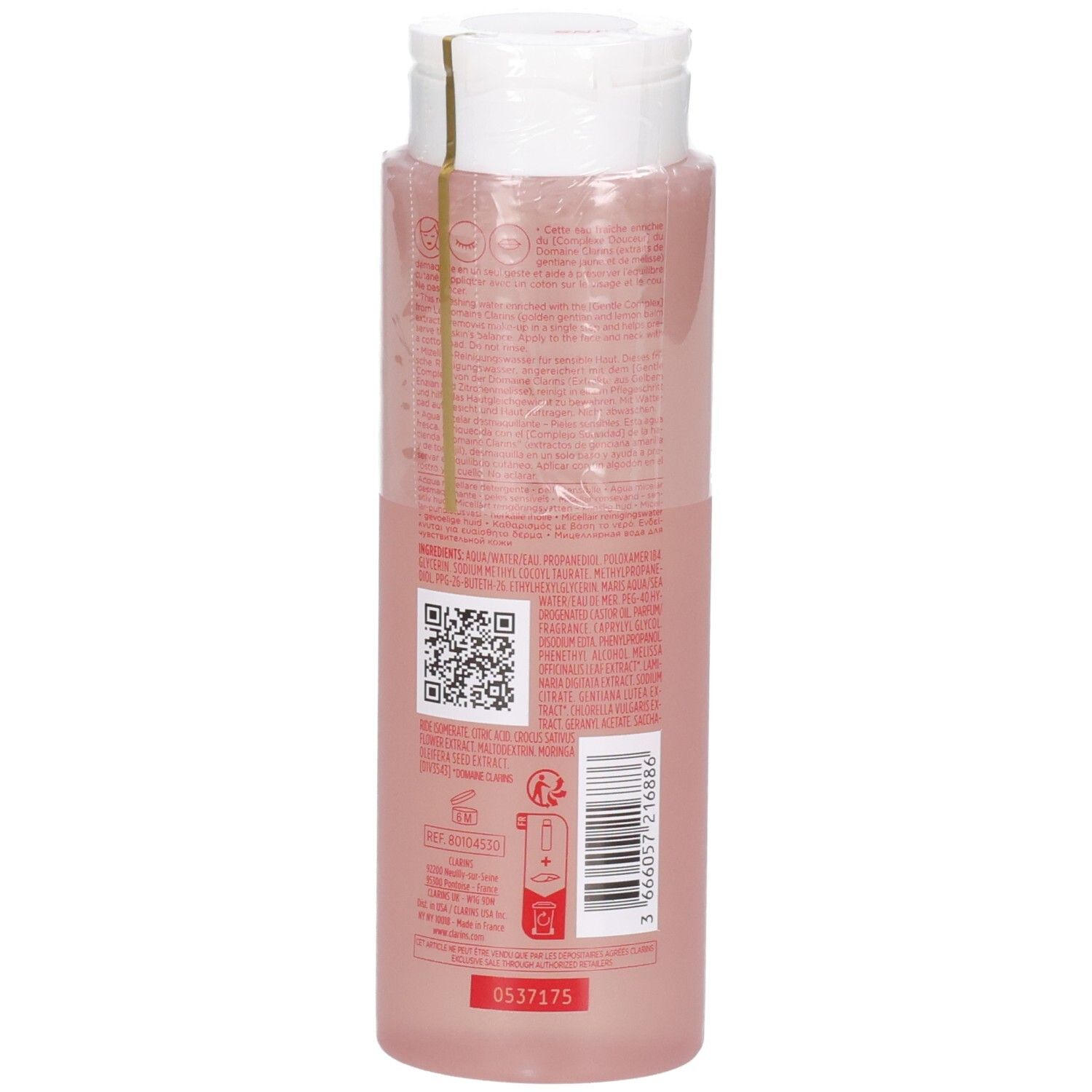 Retro del flacone Clarins Acqua Micellare Detergente con ingredienti e codice a barre.