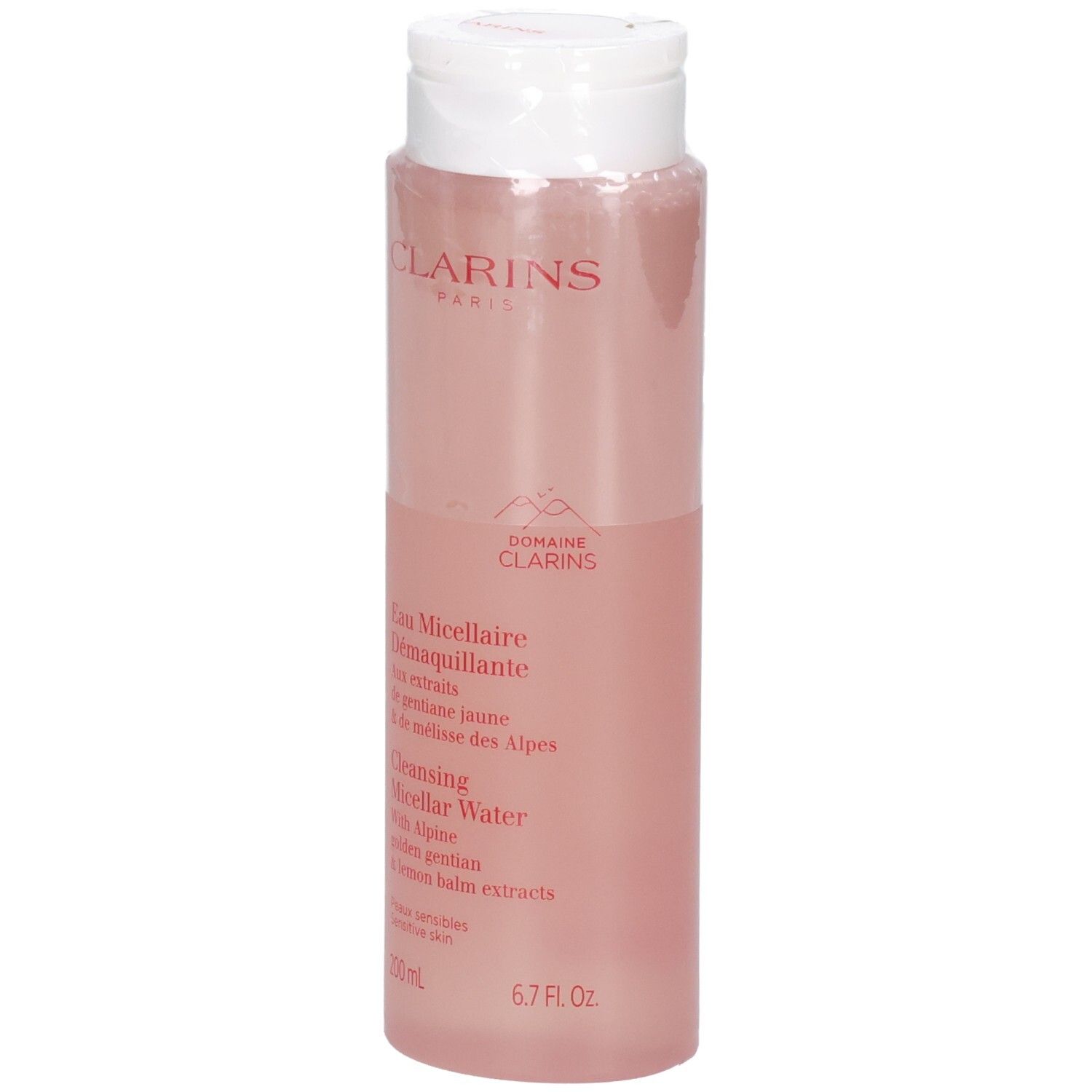 Clarins Acqua Micellare Detergente, vista frontale del flacone con liquido rosa e tappo bianco.