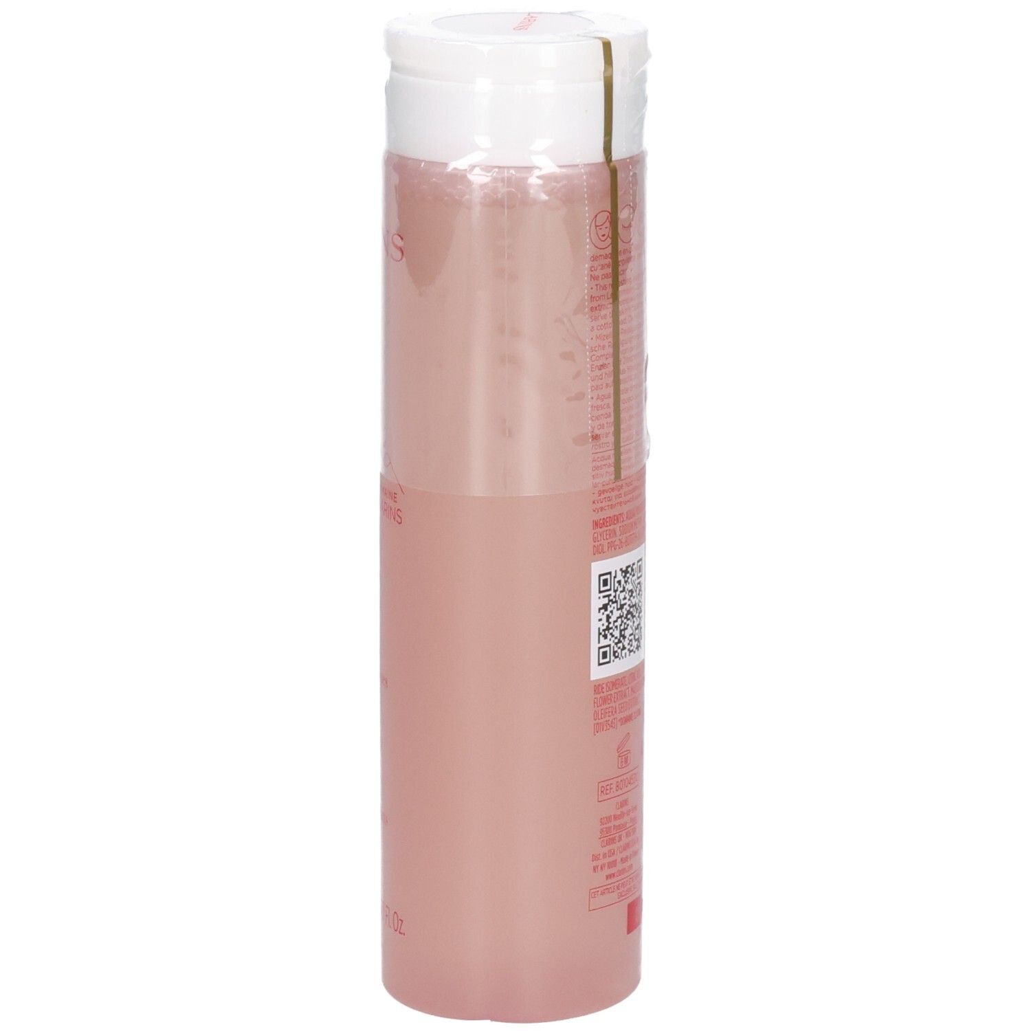 Clarins Acqua Micellare Detergente, vista laterale obliqua del flacone trasparente con contenuto rosa.