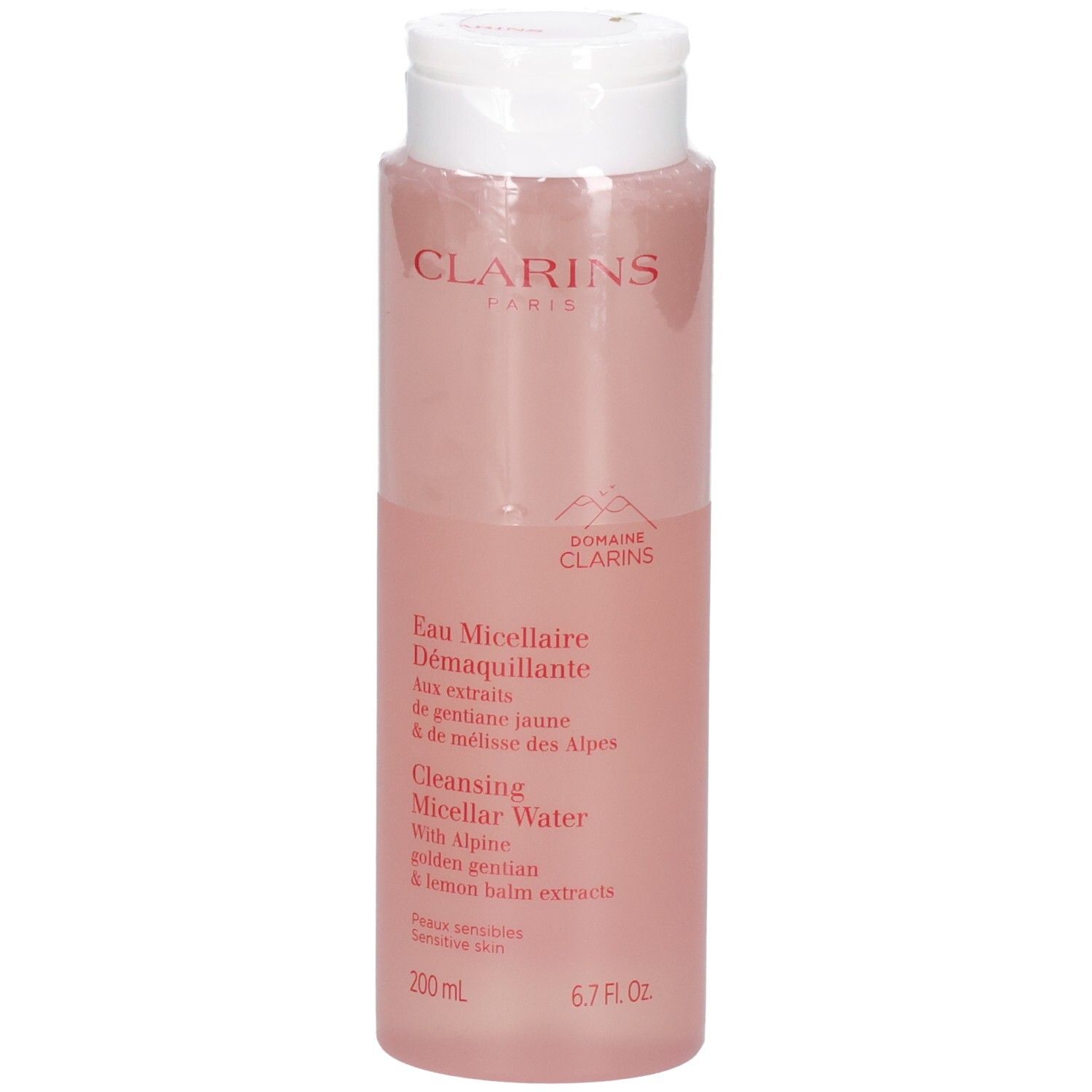 Clarins Acqua Micellare Detergente, vista frontale del flacone con etichetta e tappo bianco.