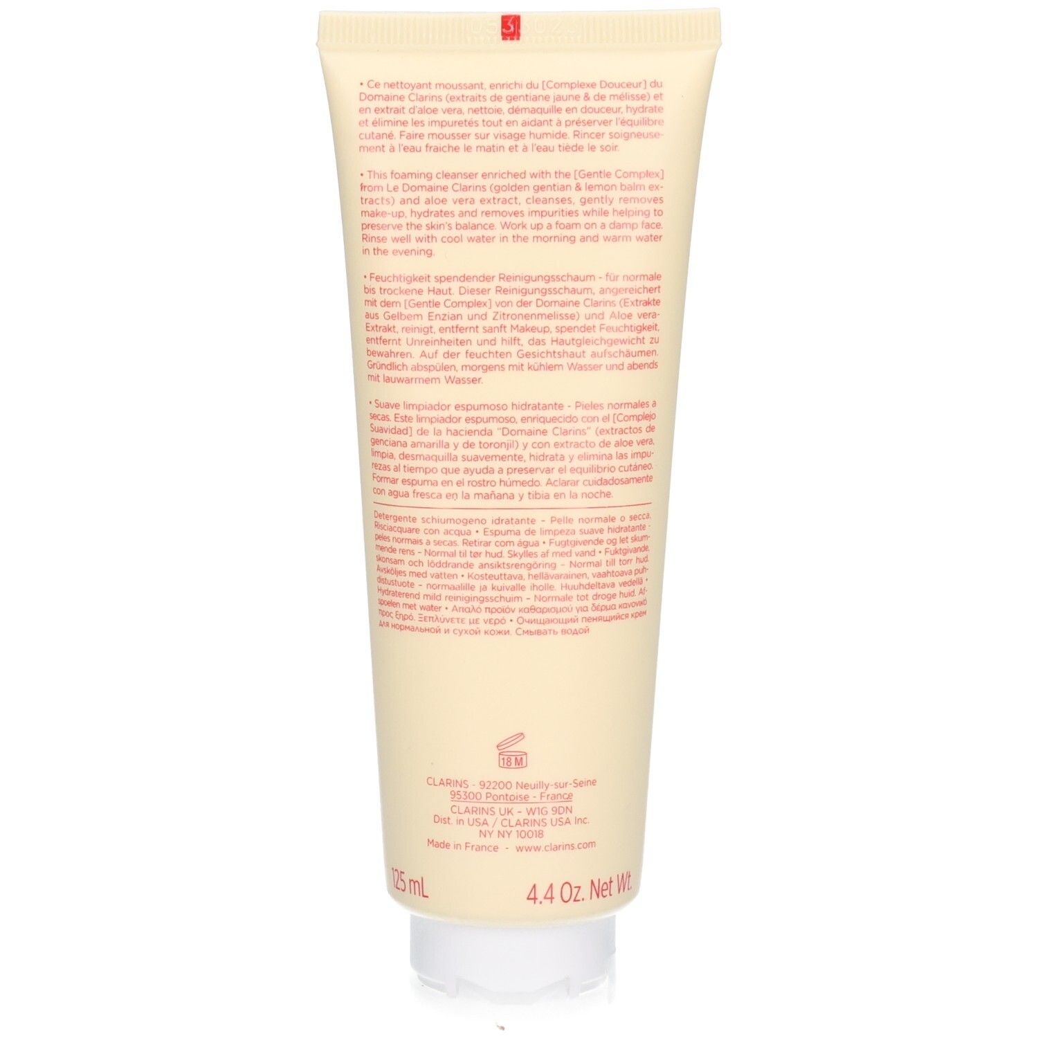 Retro del tubo Clarins Hydrating Gentle Foaming Cleanser con informazioni dettagliate sul prodotto e istruzioni.