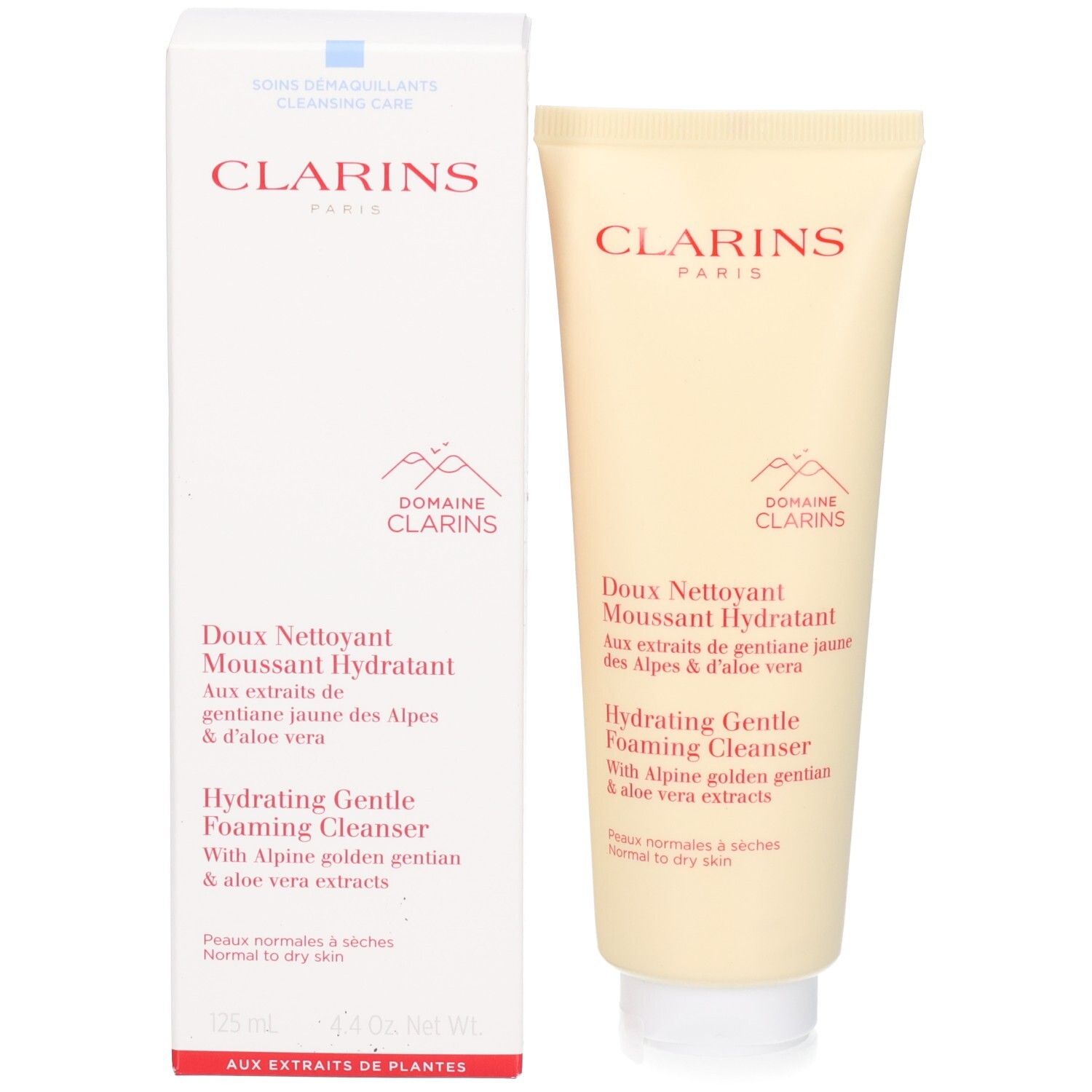 Tubo e scatola di imballaggio Clarins Hydrating Gentle Foaming Cleanser con informazioni sul prodotto.