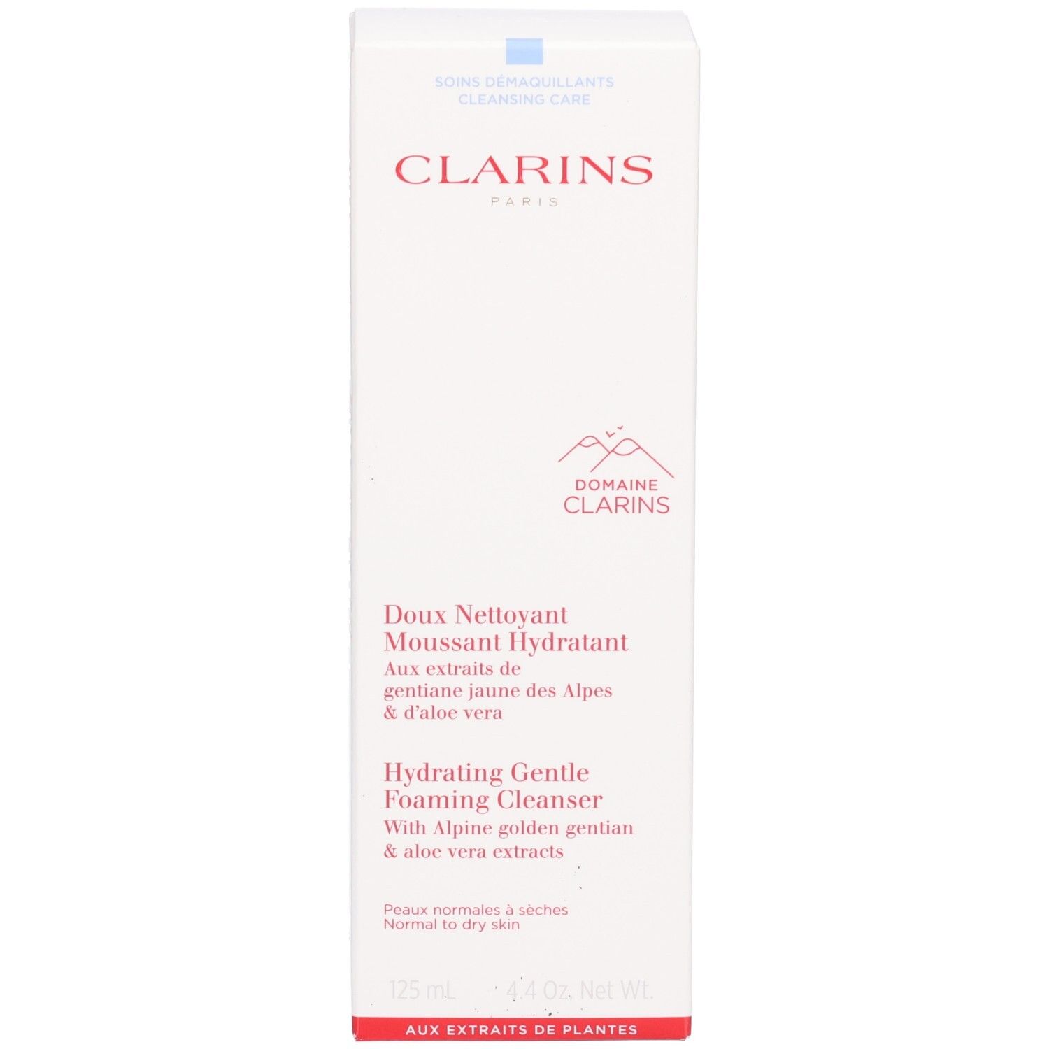 Scatola di imballaggio Clarins Hydrating Gentle Foaming Cleanser con informazioni sul prodotto e motivo montano.