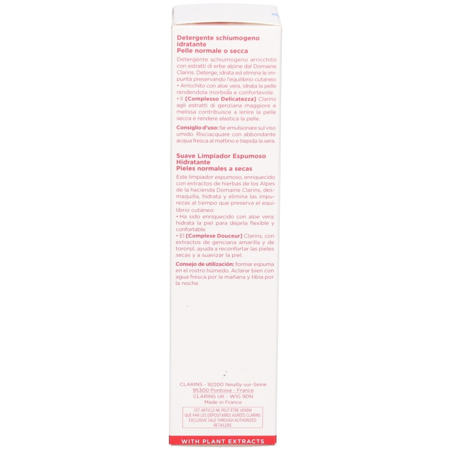 Lato della scatola di imballaggio Clarins Hydrating Gentle Foaming Cleanser con informazioni dettagliate sul prodotto.