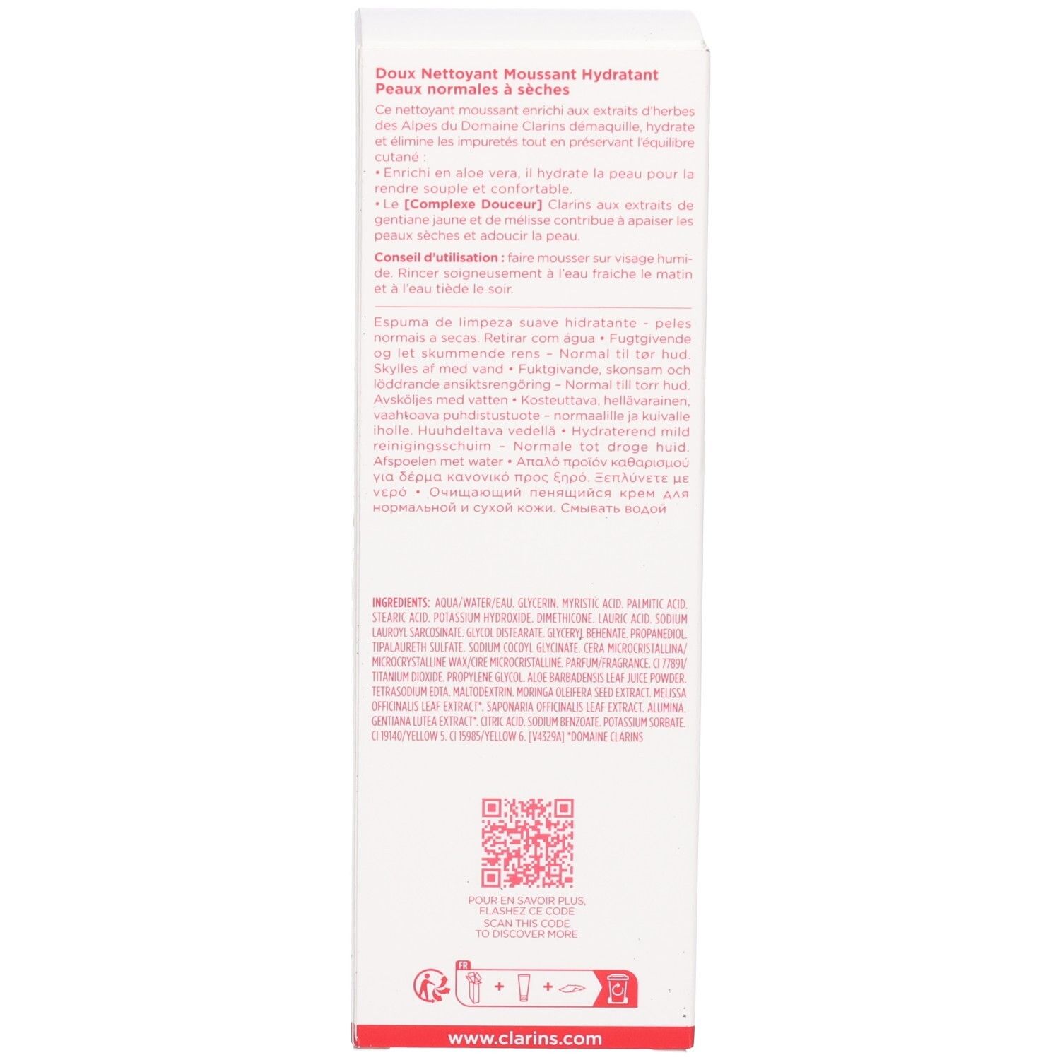 Lato della scatola di imballaggio Clarins Hydrating Gentle Foaming Cleanser con informazioni dettagliate sul prodotto e QR code.