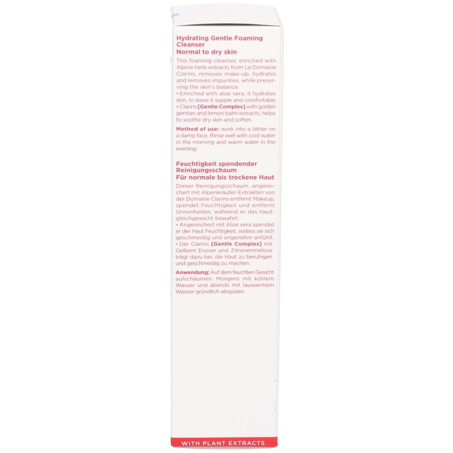 Lato della scatola di imballaggio Clarins Hydrating Gentle Foaming Cleanser con informazioni sul prodotto in inglese e tedesco.