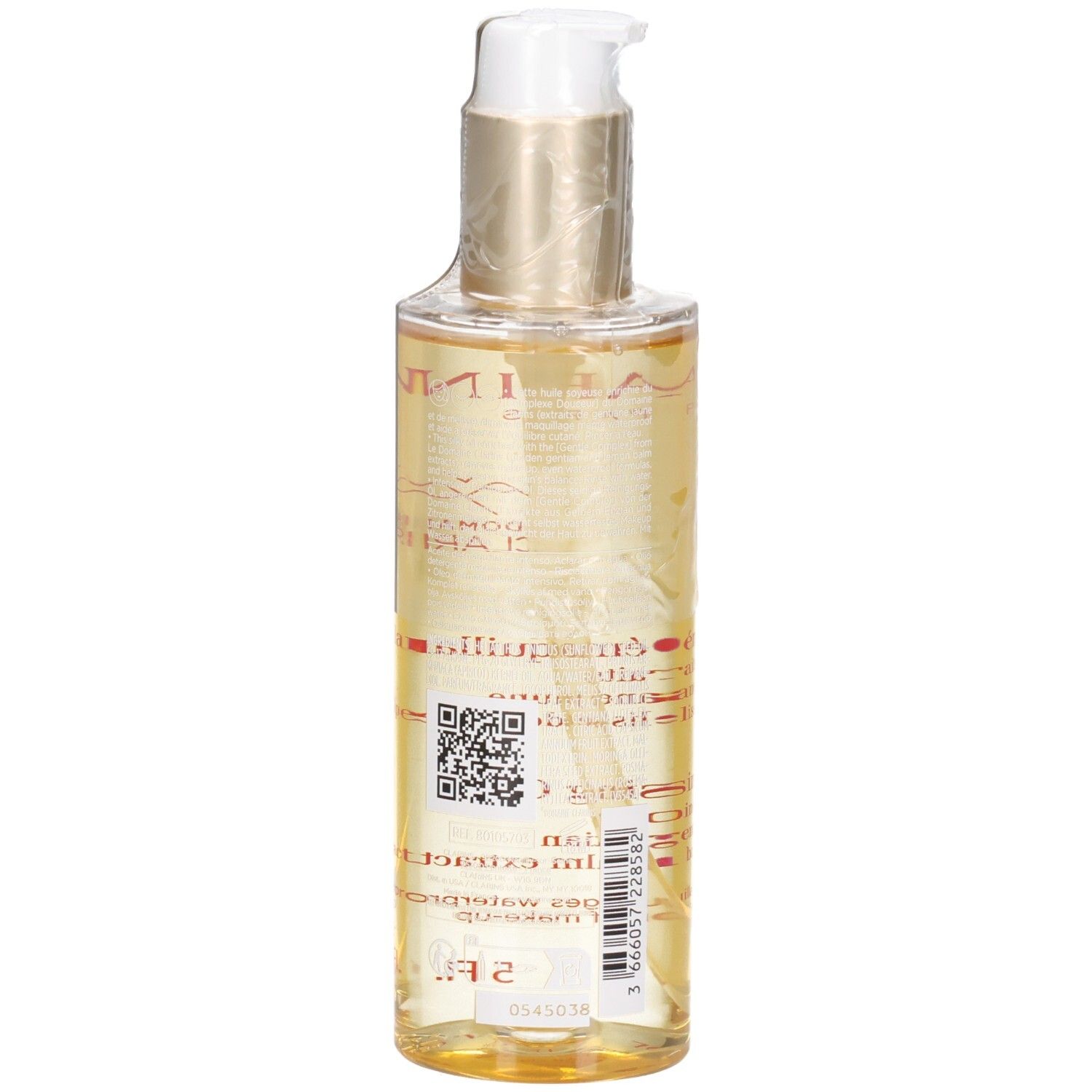 Clarins Total Cleansing Oil: liquido dorato in flacone con erogatore, vista posteriore con QR code.