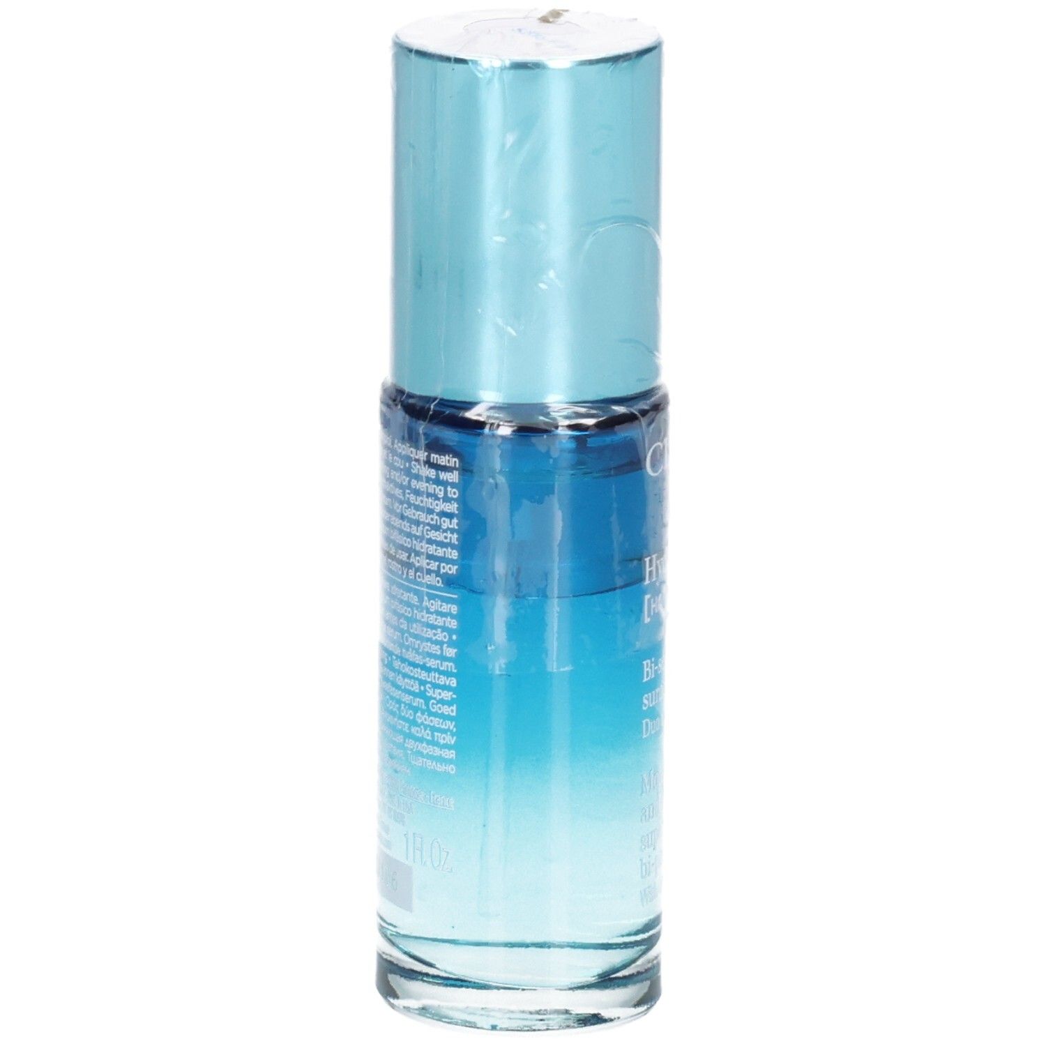 Retro del flacone Bi-Siero Clarins Hydra Essentiel con informazioni sul prodotto.