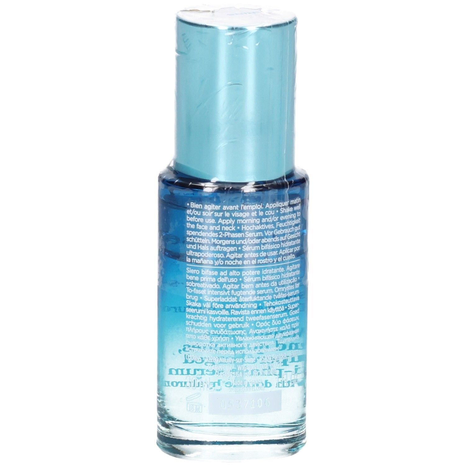 Vista laterale del flacone Bi-Siero Clarins Hydra Essentiel con etichettatura dettagliata.
