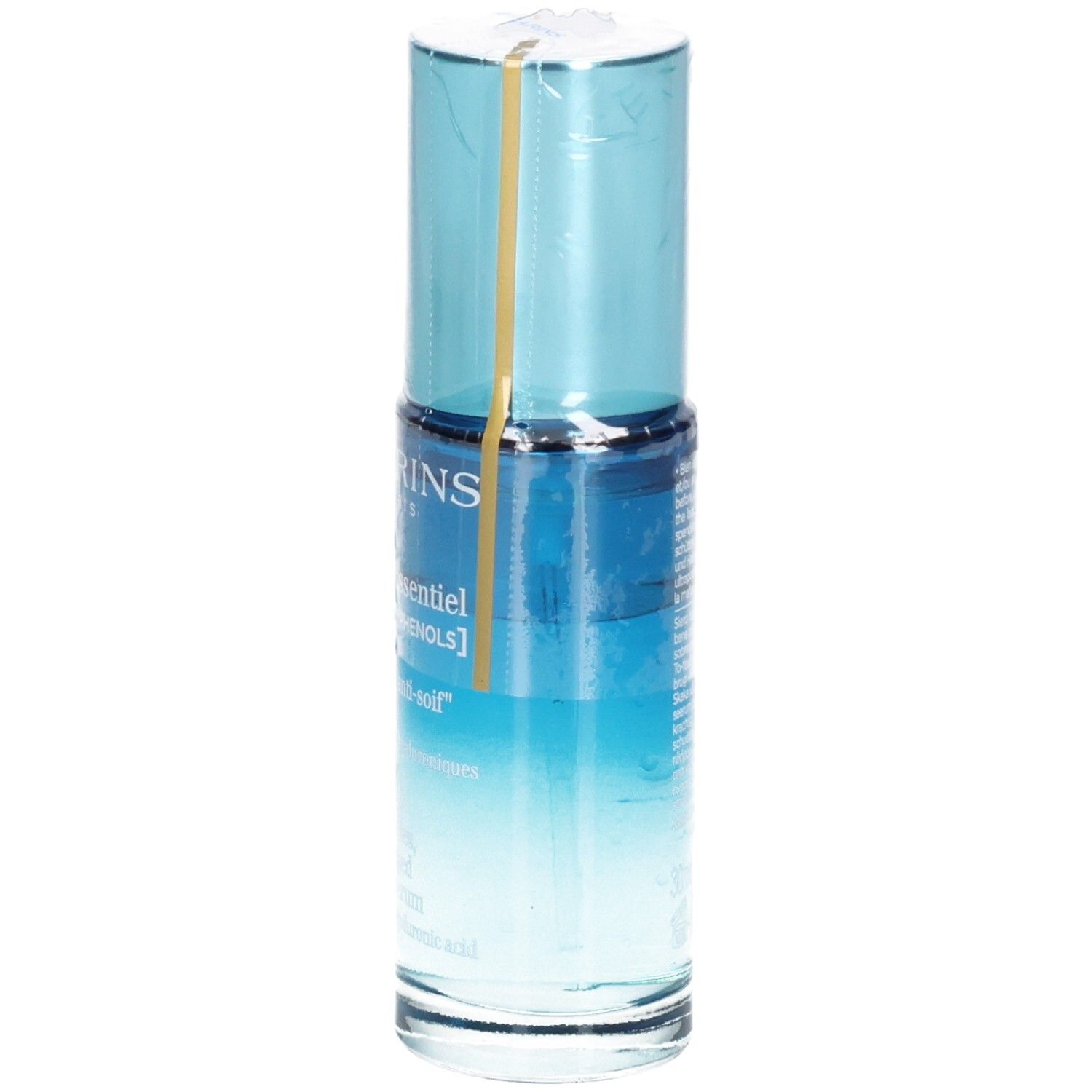 Flacone Bi-Siero Clarins Hydra Essentiel, leggermente inclinato, con tappo blu.