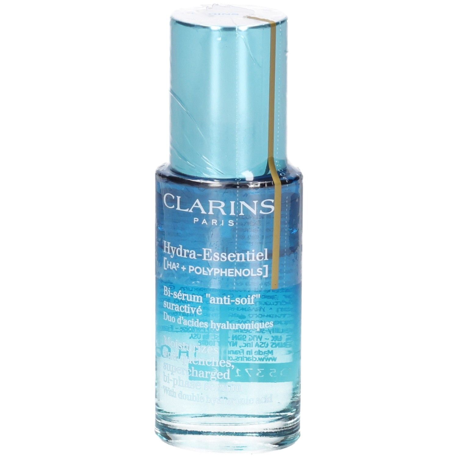 Flacone Bi-Siero Clarins Hydra Essentiel con tappo ed etichetta blu, vista frontale.