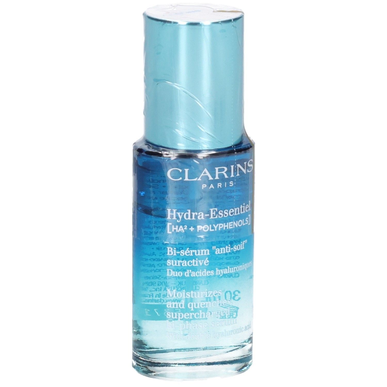 Flacone Bi-Siero Clarins Hydra Essentiel, vista frontale, con sfumatura blu.