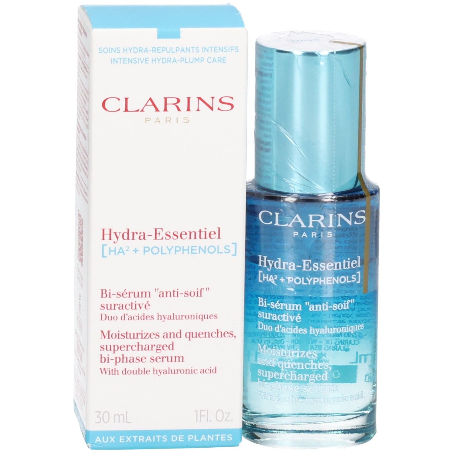 Flacone e confezione Bi-Siero Clarins Hydra Essentiel, vista frontale.