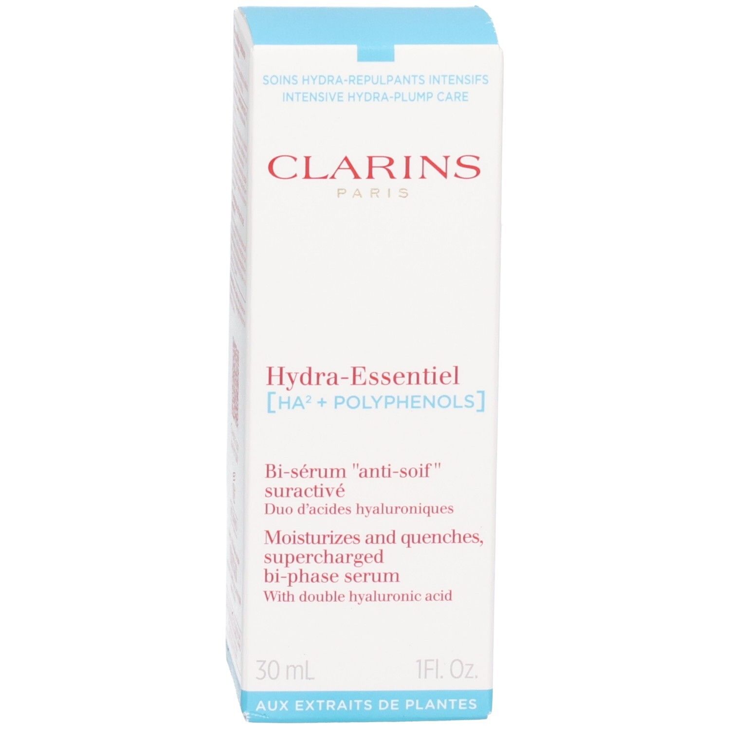 Flacone e scatola Bi-Siero Clarins Hydra Essentiel, 30ml.