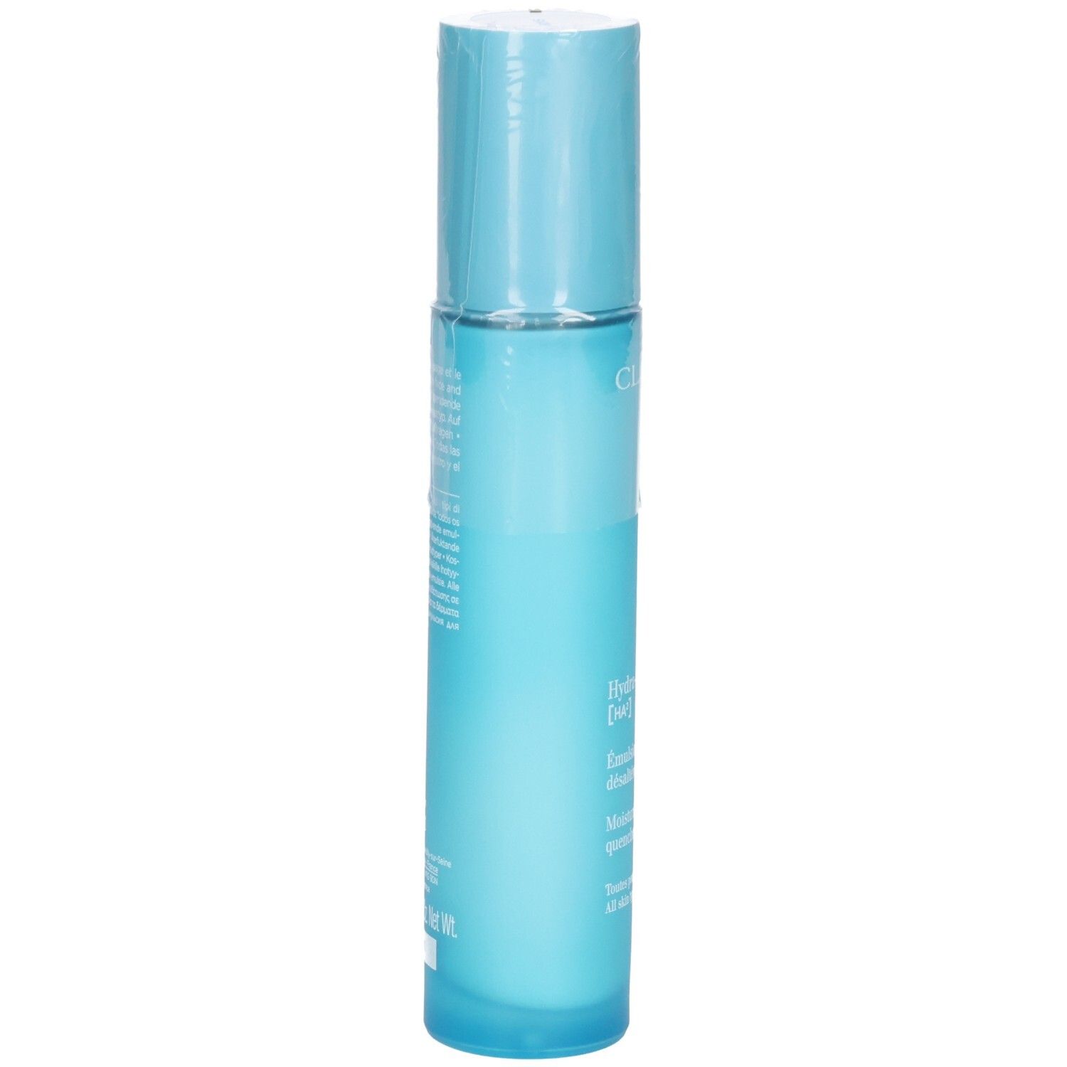 Clarins Hydra-Essentiel HA² Emulsione dissetante, vista posteriore. Include istruzioni per l'uso.