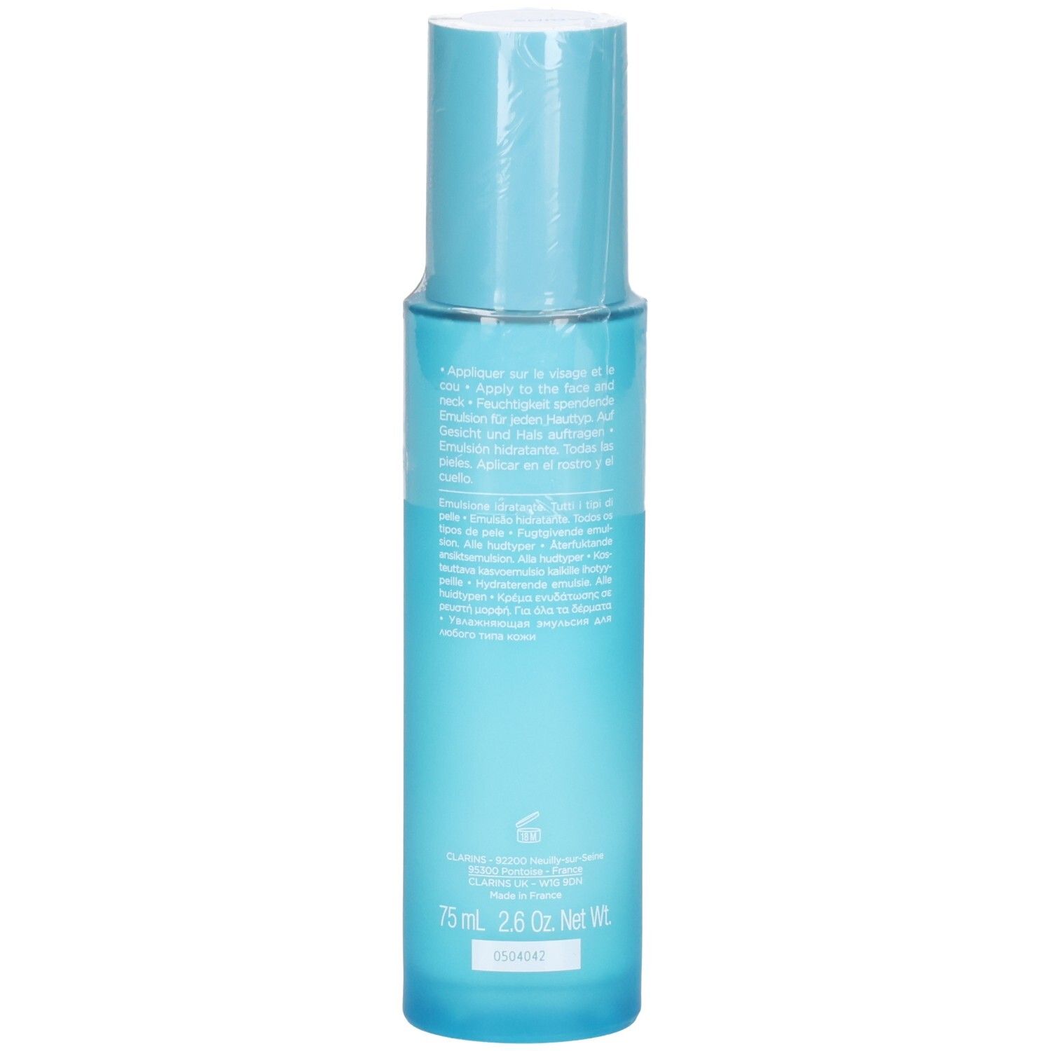 Clarins Hydra-Essentiel HA² Emulsione dissetante, 75ml. Retro con informazioni sul prodotto e codice a barre.