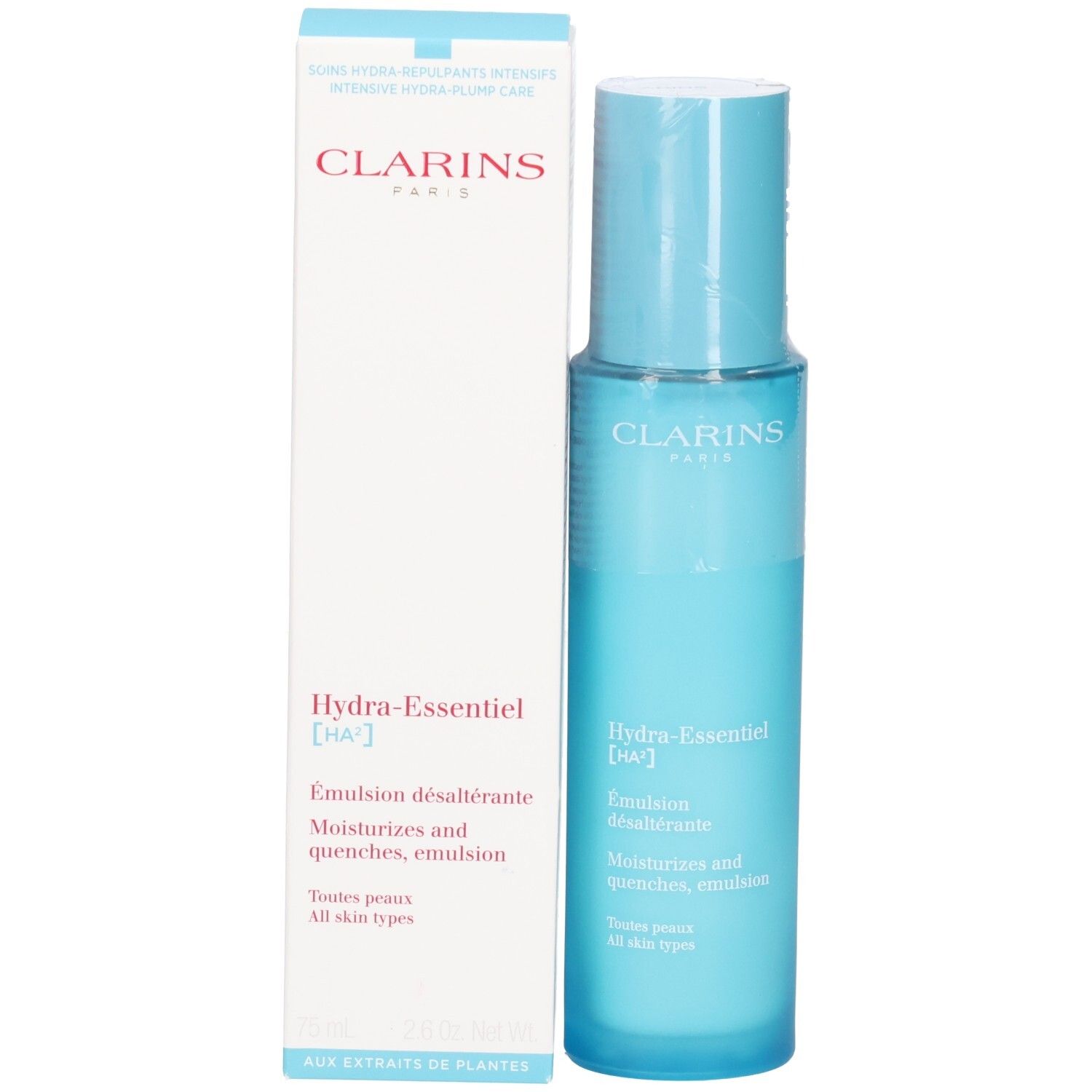 Clarins Hydra-Essentiel HA² Emulsione dissetante e confezione. Include flacone e scatola.