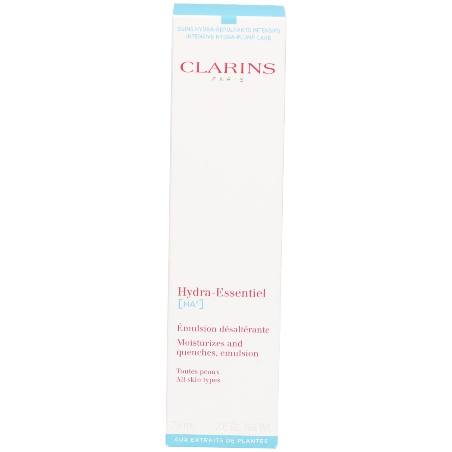 Clarins Hydra-Essentiel HA² Emulsione dissetante confezione. Scatola con informazioni sul prodotto.