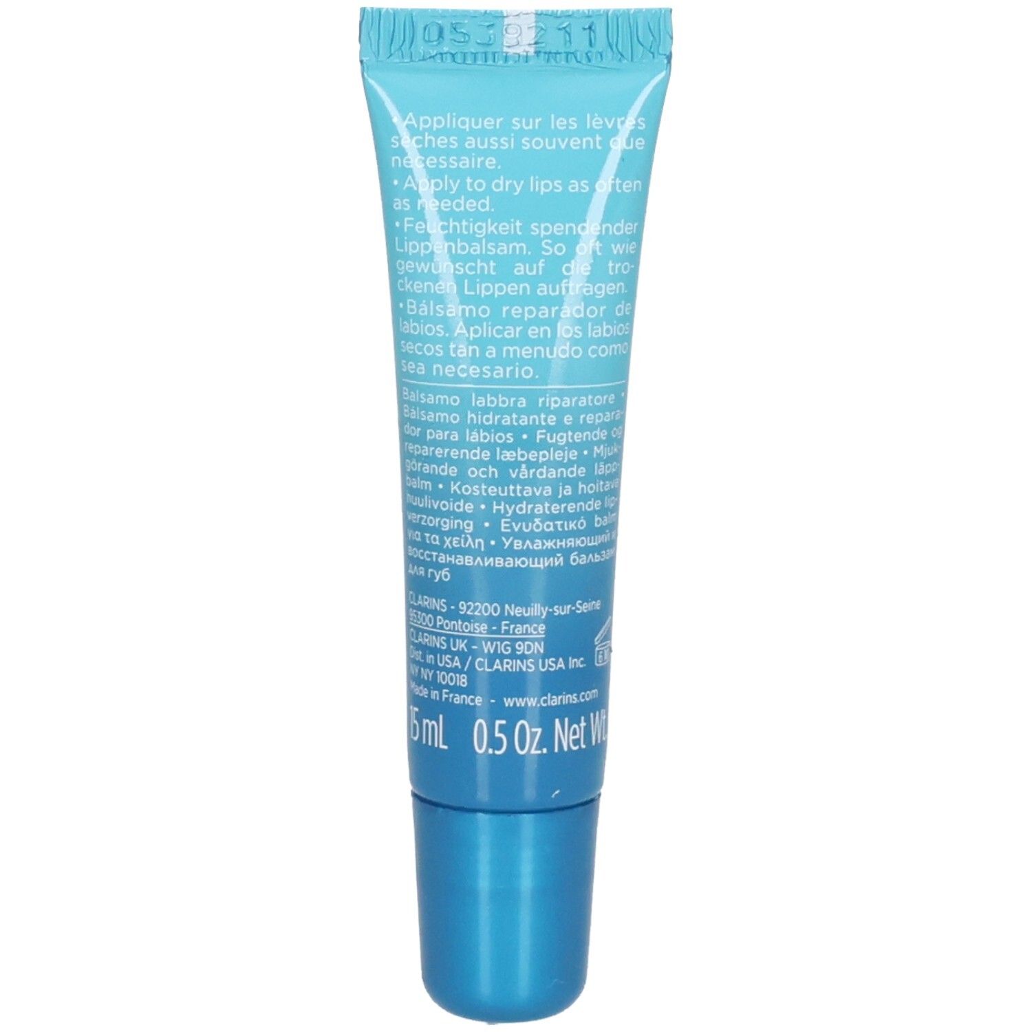 Retro del tubo di balsamo labbra Clarins Hydra-Essentiel con istruzioni.