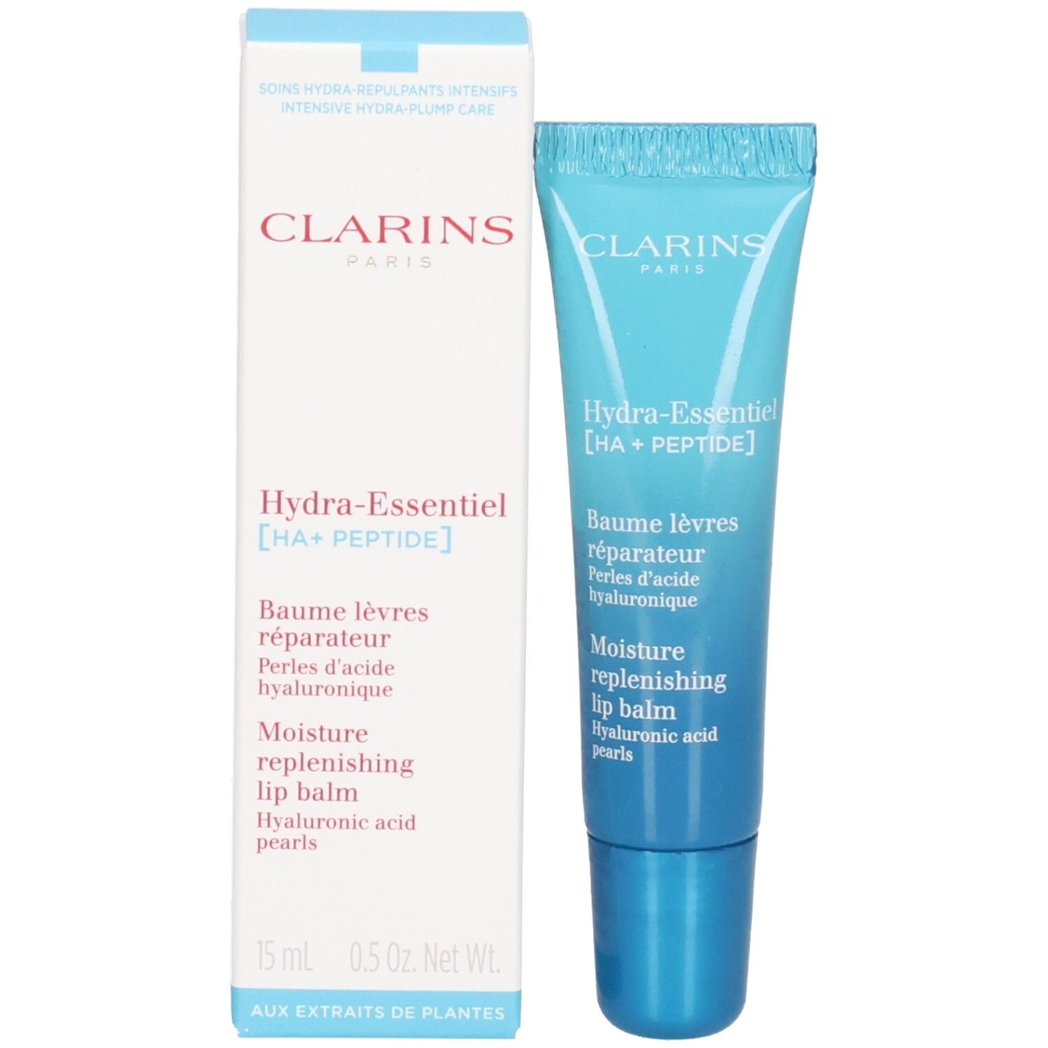 Tubo e scatola di balsamo labbra Clarins Hydra-Essentiel.