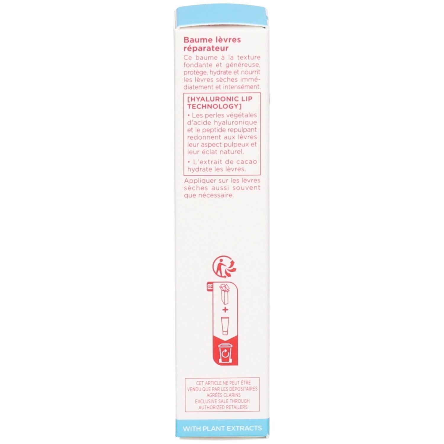Lato della scatola di balsamo labbra Clarins Hydra-Essentiel con informazioni.