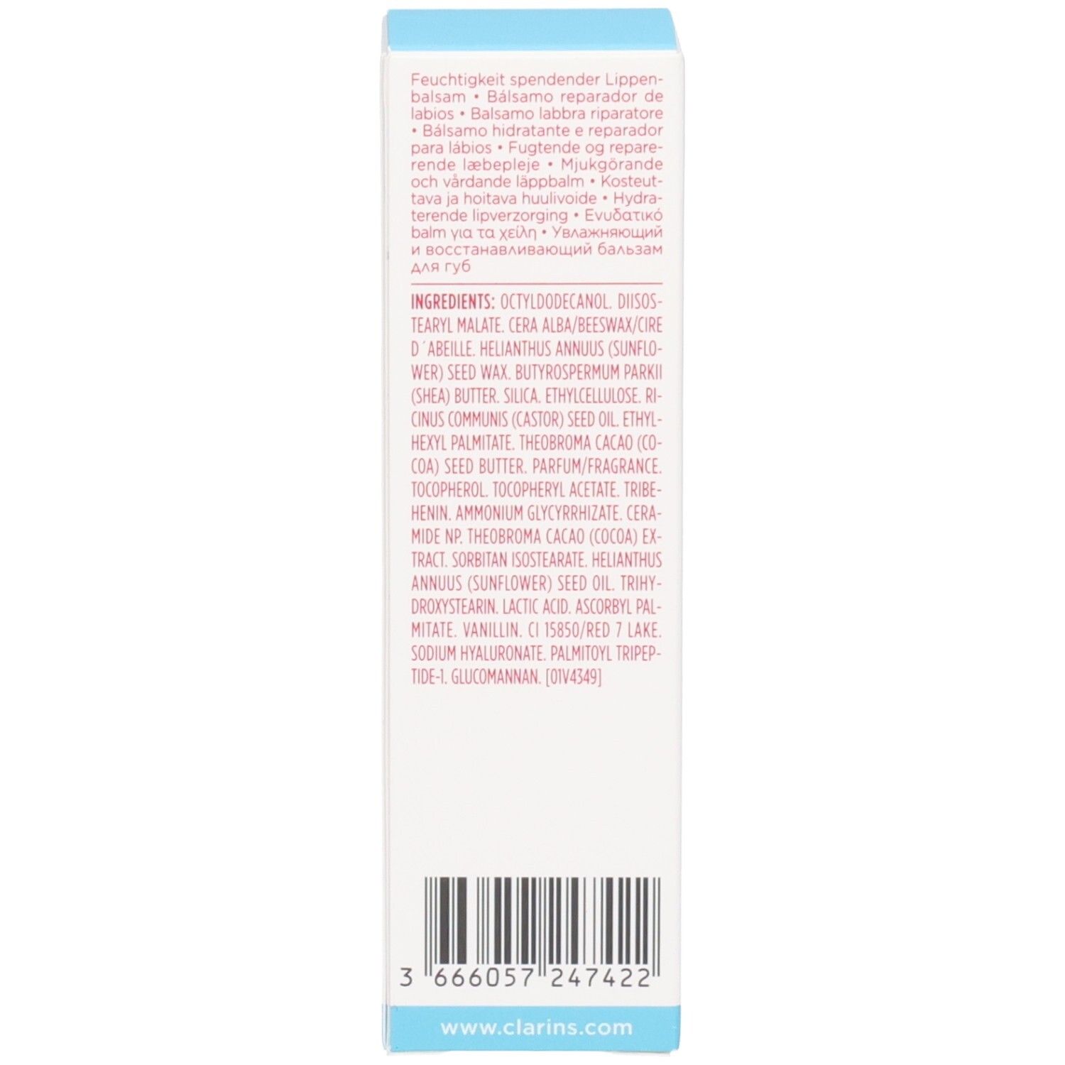 Lato della scatola di balsamo labbra Clarins Hydra-Essentiel con ingredienti.