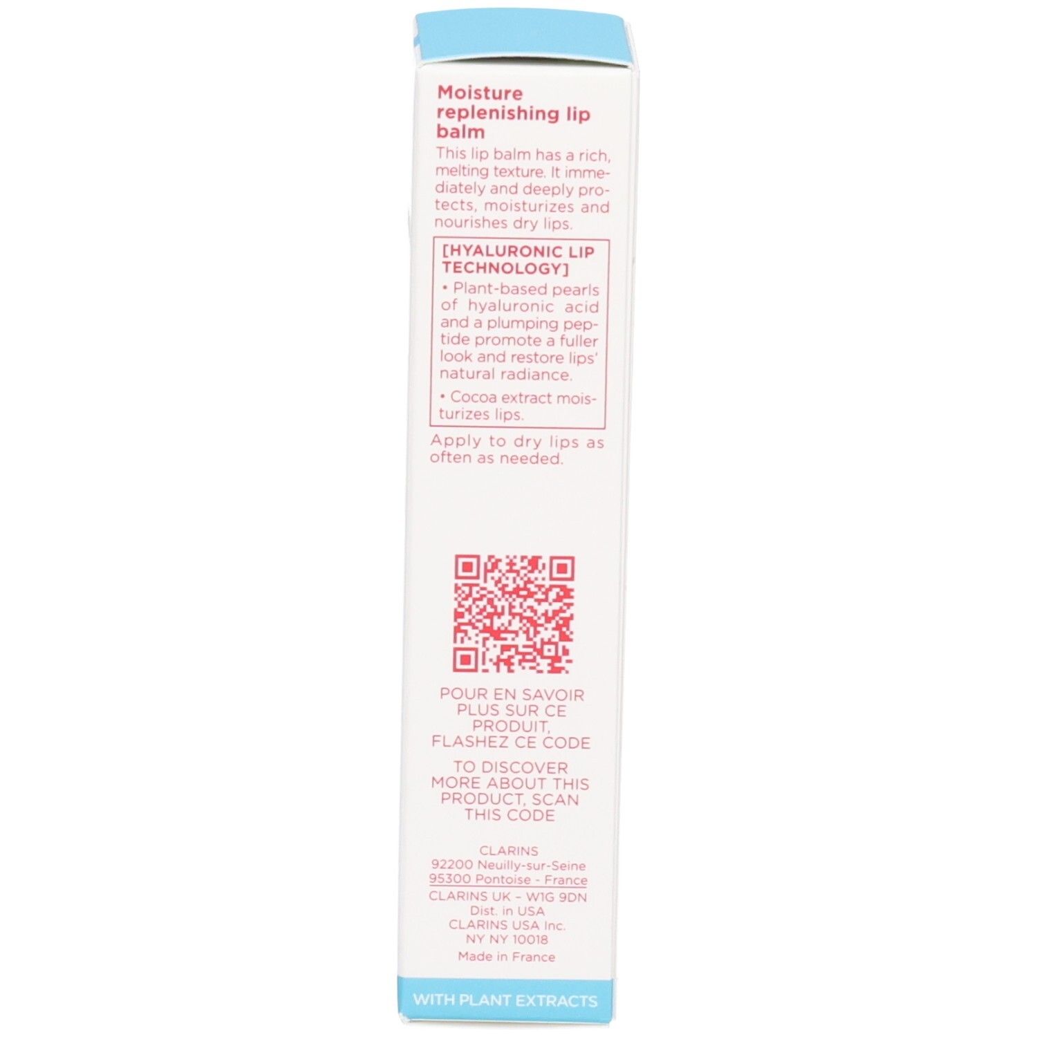Lato della scatola di balsamo labbra Clarins Hydra-Essentiel con istruzioni.