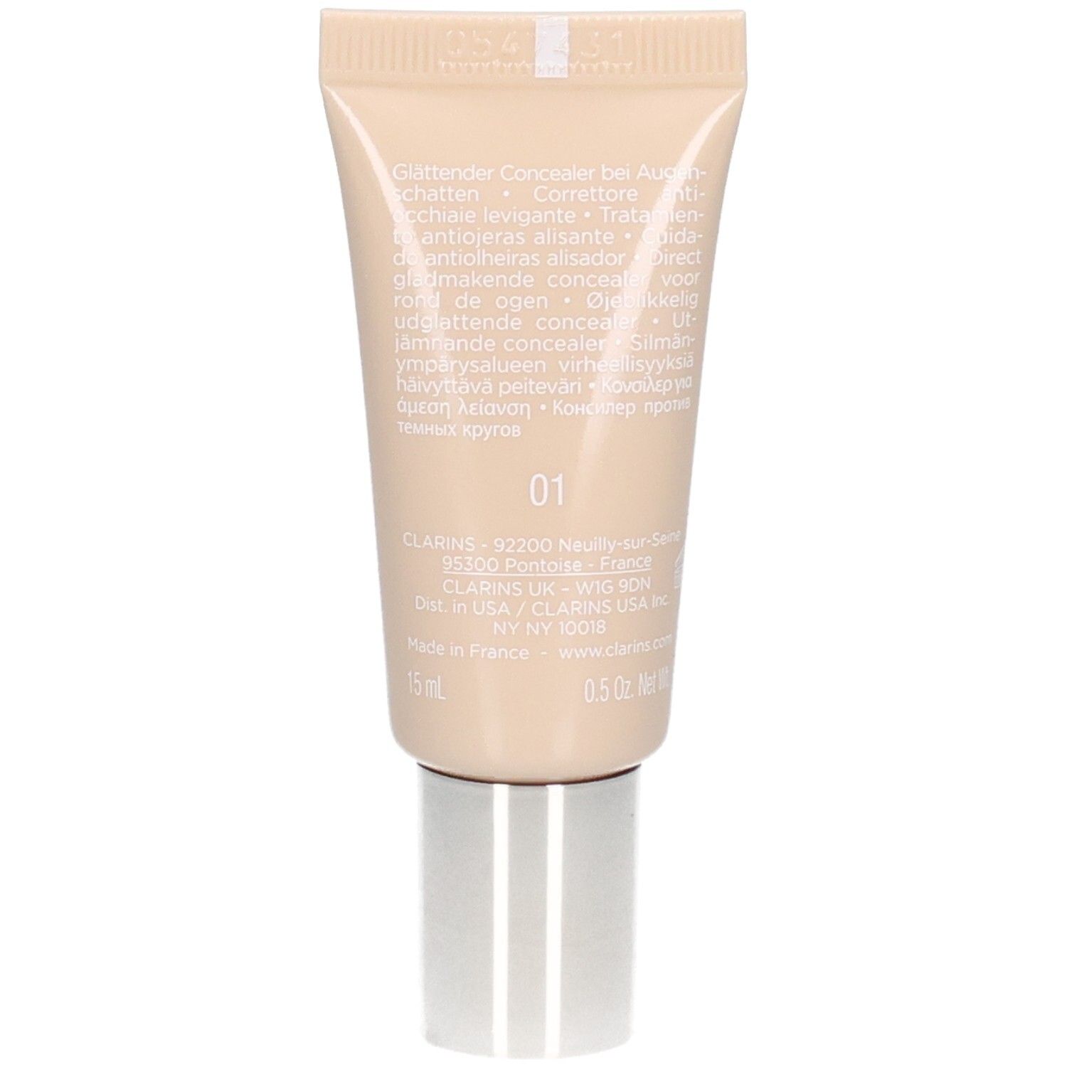 Clarins Instant Concealer 01, retro del tubetto da 15ml con informazioni sul prodotto.