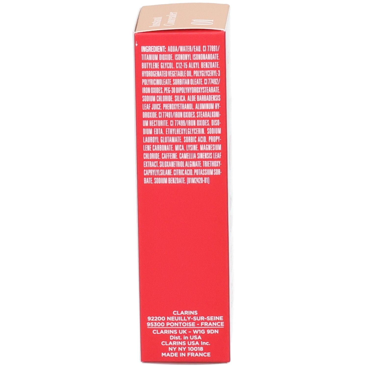 Clarins Instant Concealer 01, lato della confezione con ingredienti.