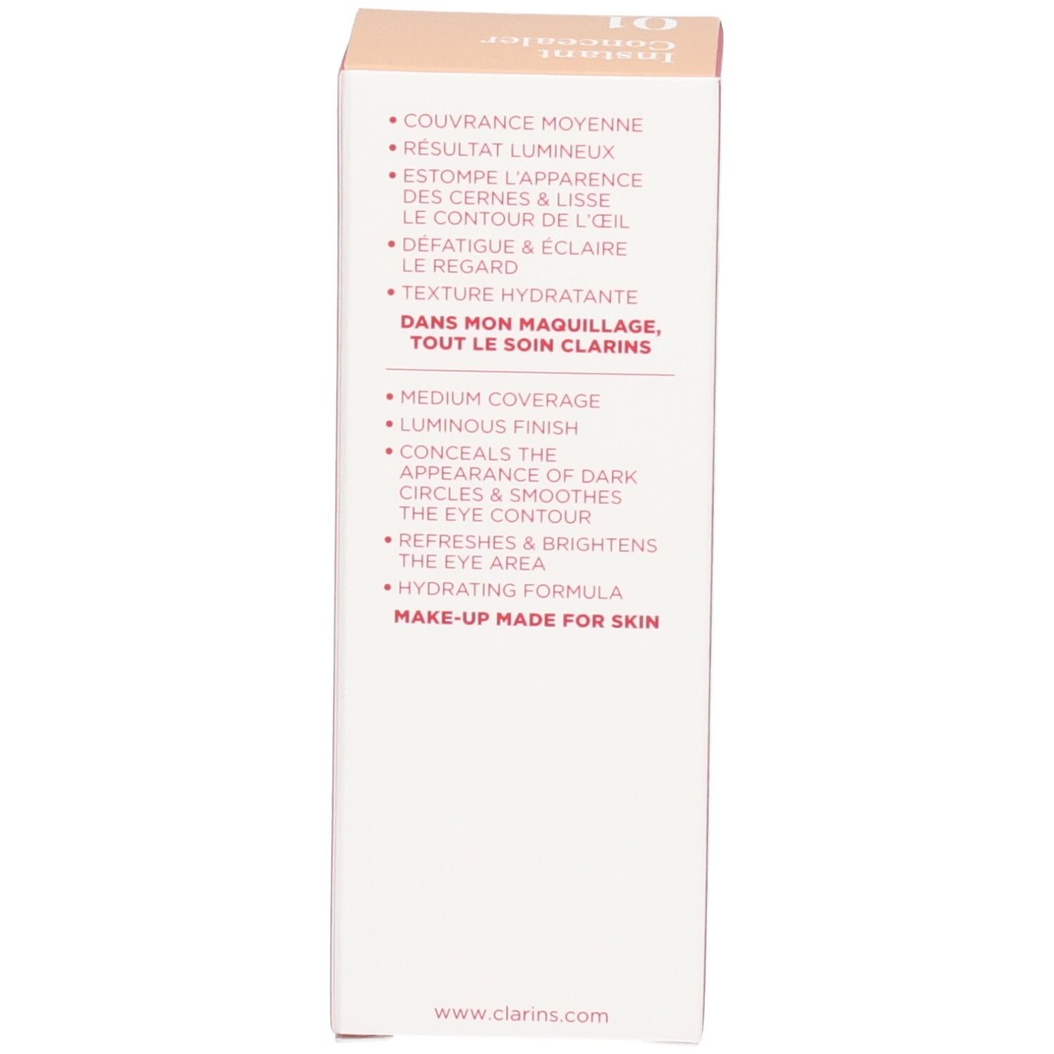 Clarins Instant Concealer 01, lato della confezione con benefici del prodotto.