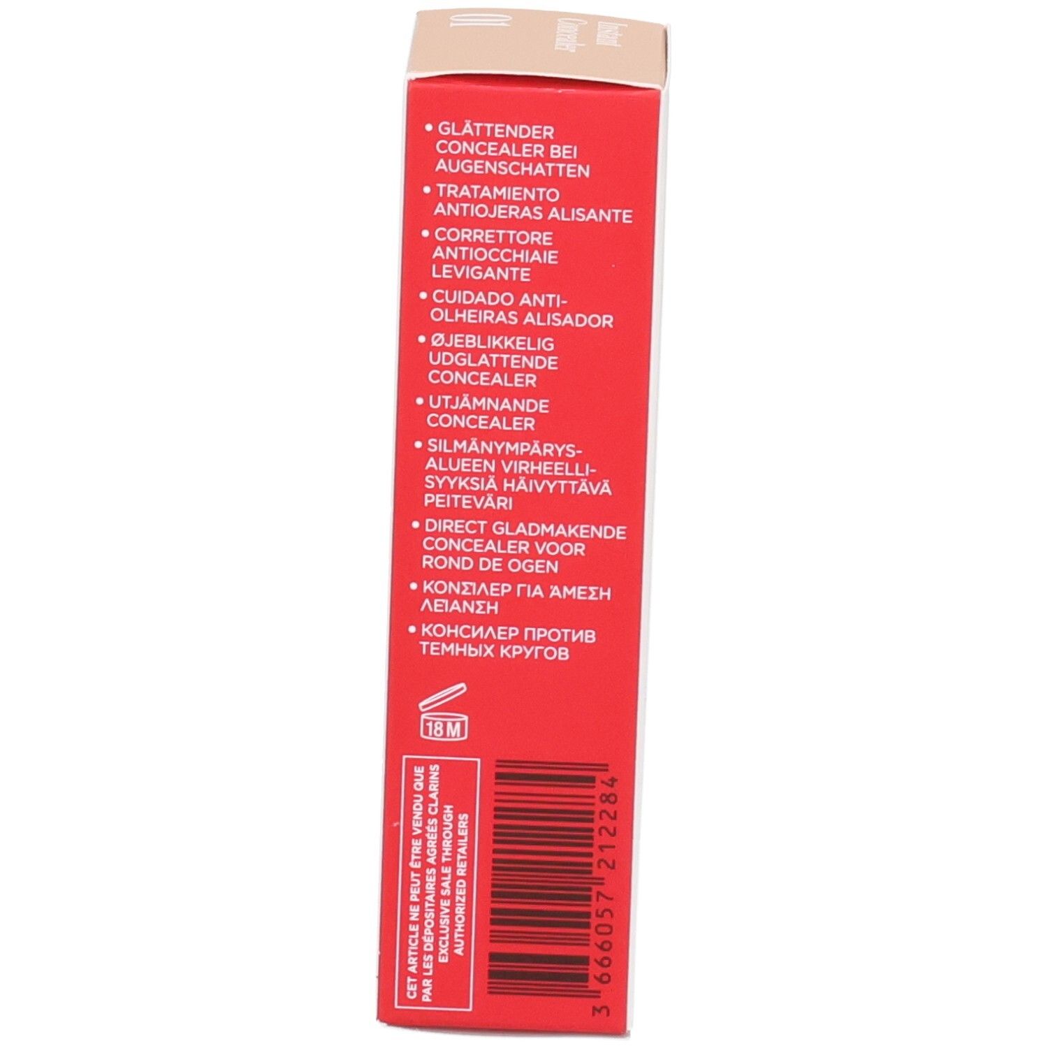 Clarins Instant Concealer 01, lato della confezione con aree di applicazione.