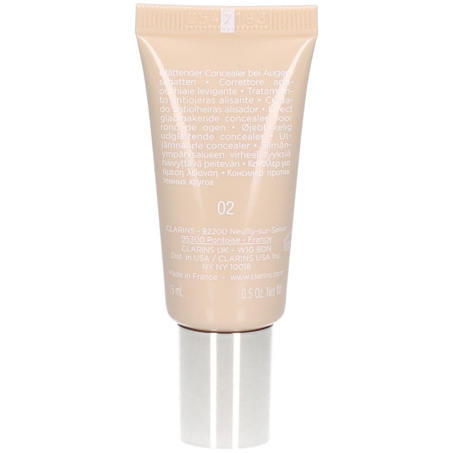 Retro del tubetto Clarins Instant Concealer, N. 02, con informazioni sul prodotto e codice colore.