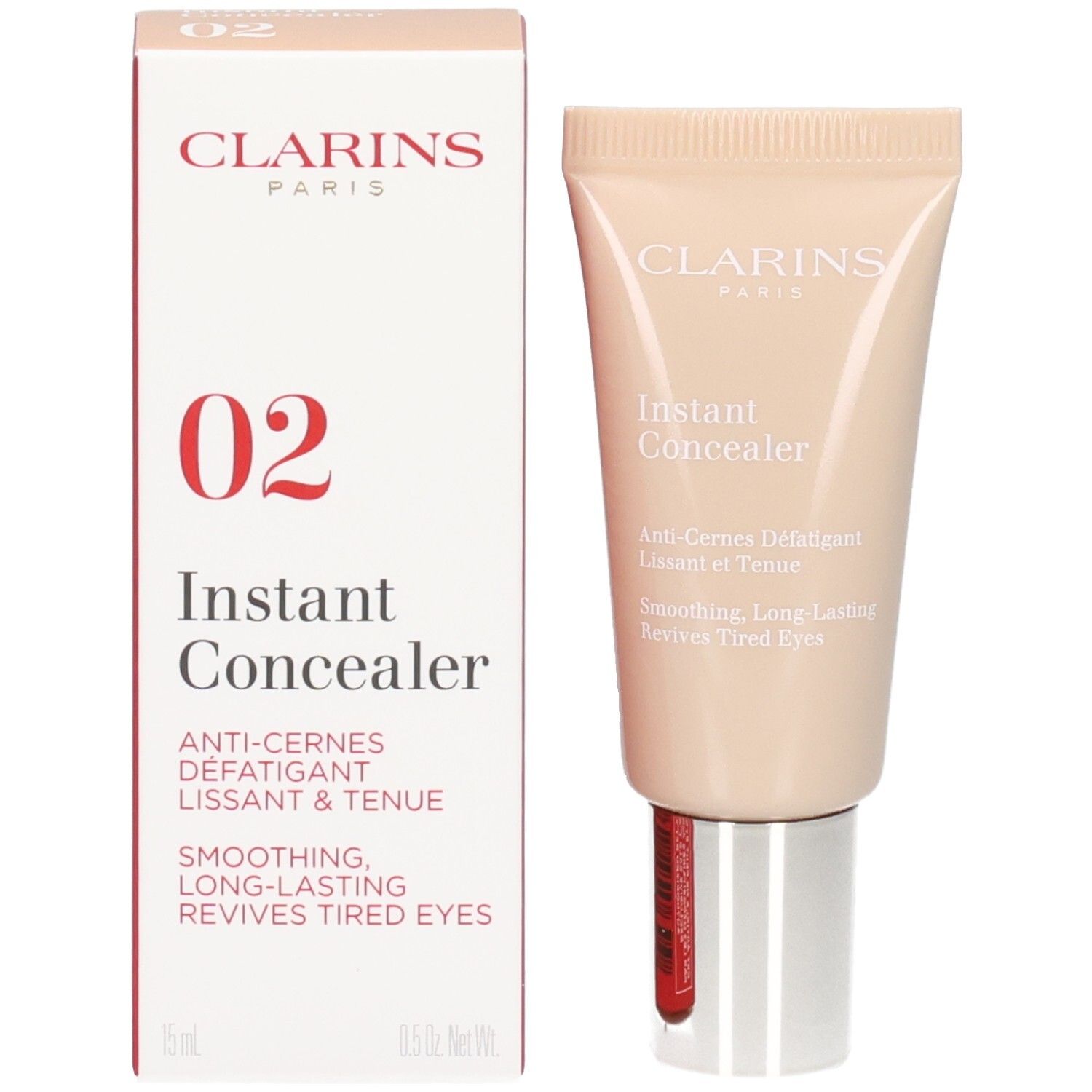 Clarins Instant Concealer, N. 02, e la sua confezione. Il correttore è in un tubetto beige chiaro, la scatola è rossa e bianca.