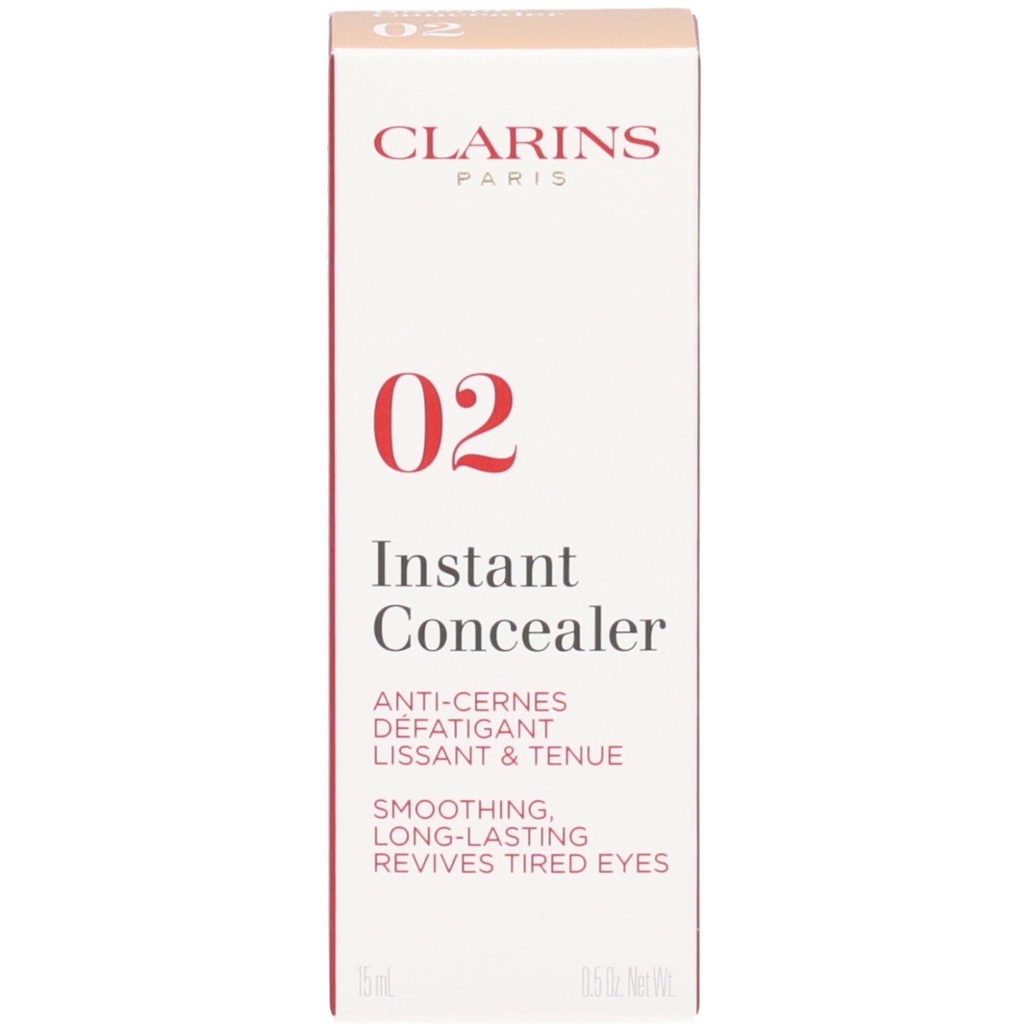 Scatola del Clarins Instant Concealer, N. 02, in rosso e bianco con nome del prodotto e numero colore.