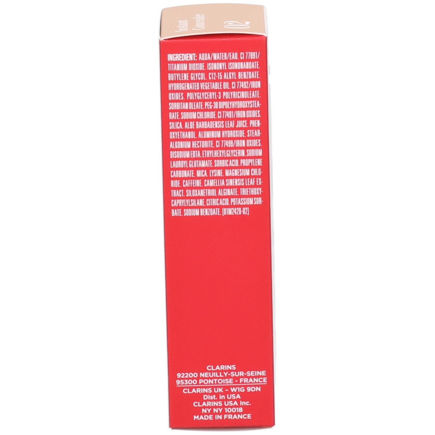 Lato della confezione Clarins Instant Concealer con ingredienti e informazioni del produttore.