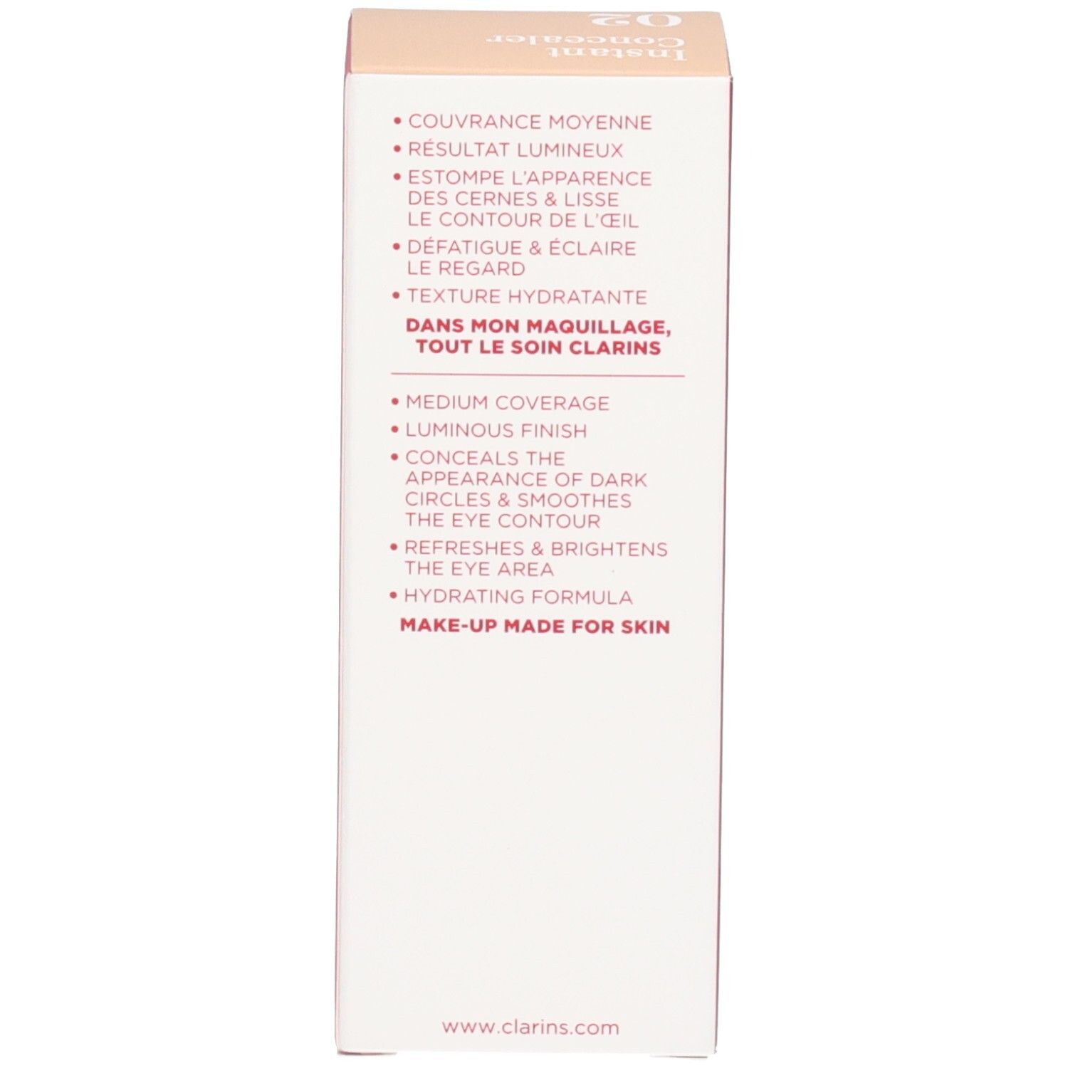 Retro della confezione Clarins Instant Concealer con benefici del prodotto e sito web.
