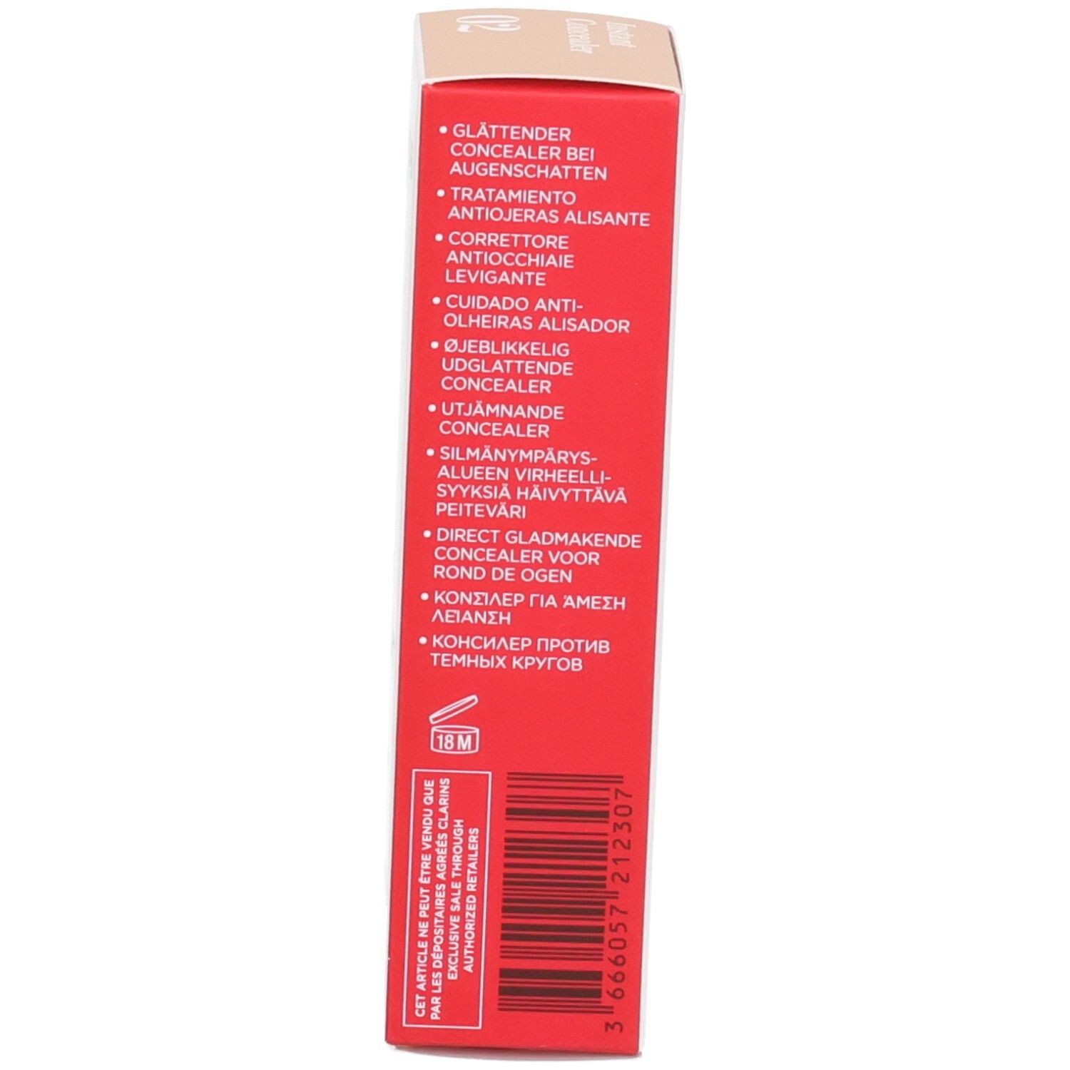 Lato della confezione Clarins Instant Concealer con aree di applicazione e codice a barre.