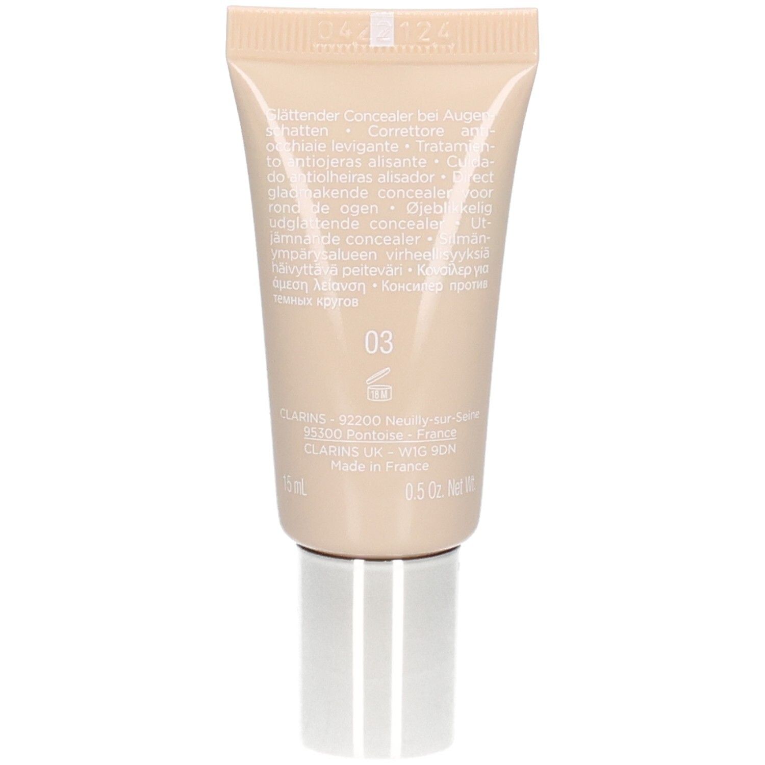 Retro del tubo Clarins Instant Concealer 03 con informazioni sul prodotto e numero colore 03.