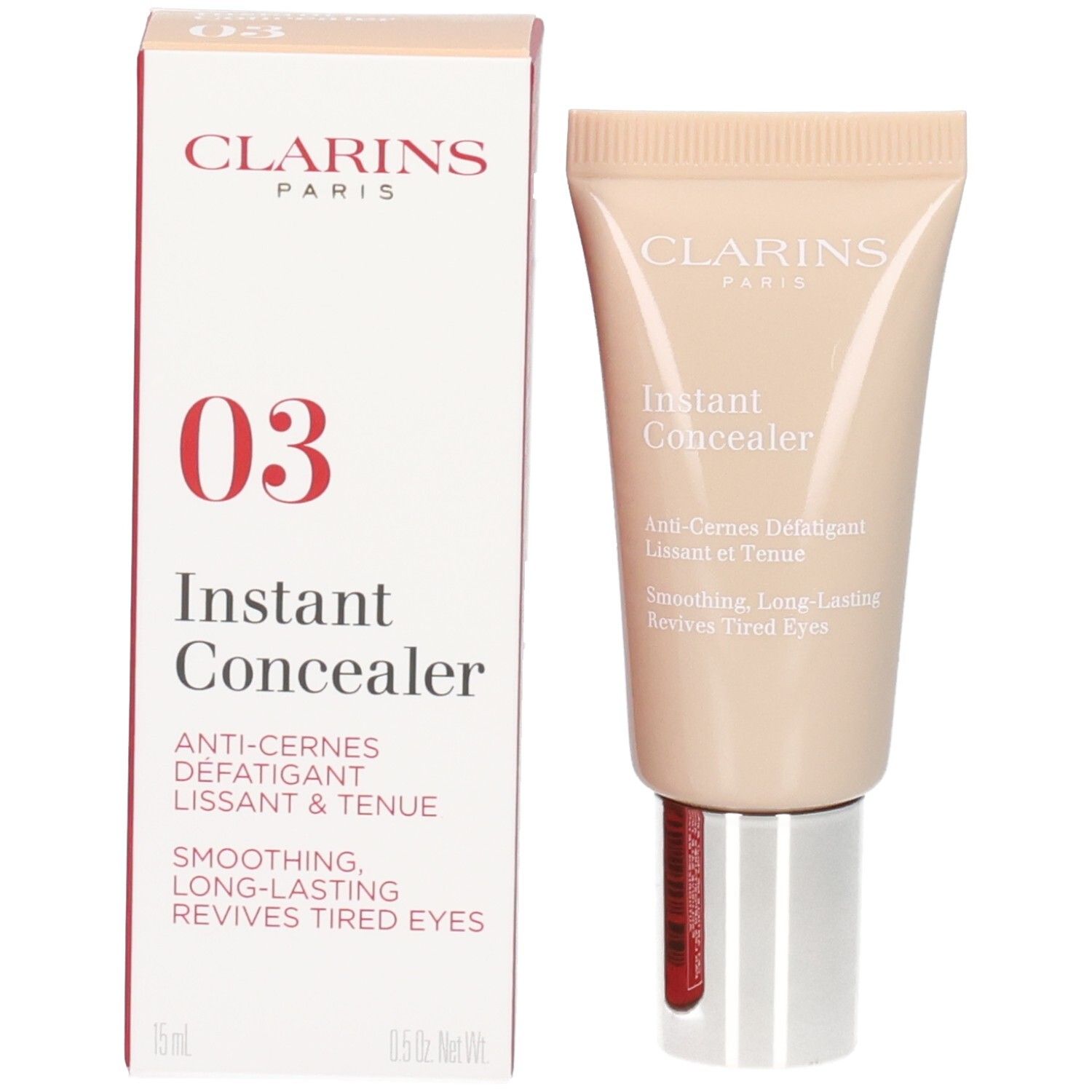 Tubo e scatola Clarins Instant Concealer 03. Scatola con design rosso e bianco e numero 03.