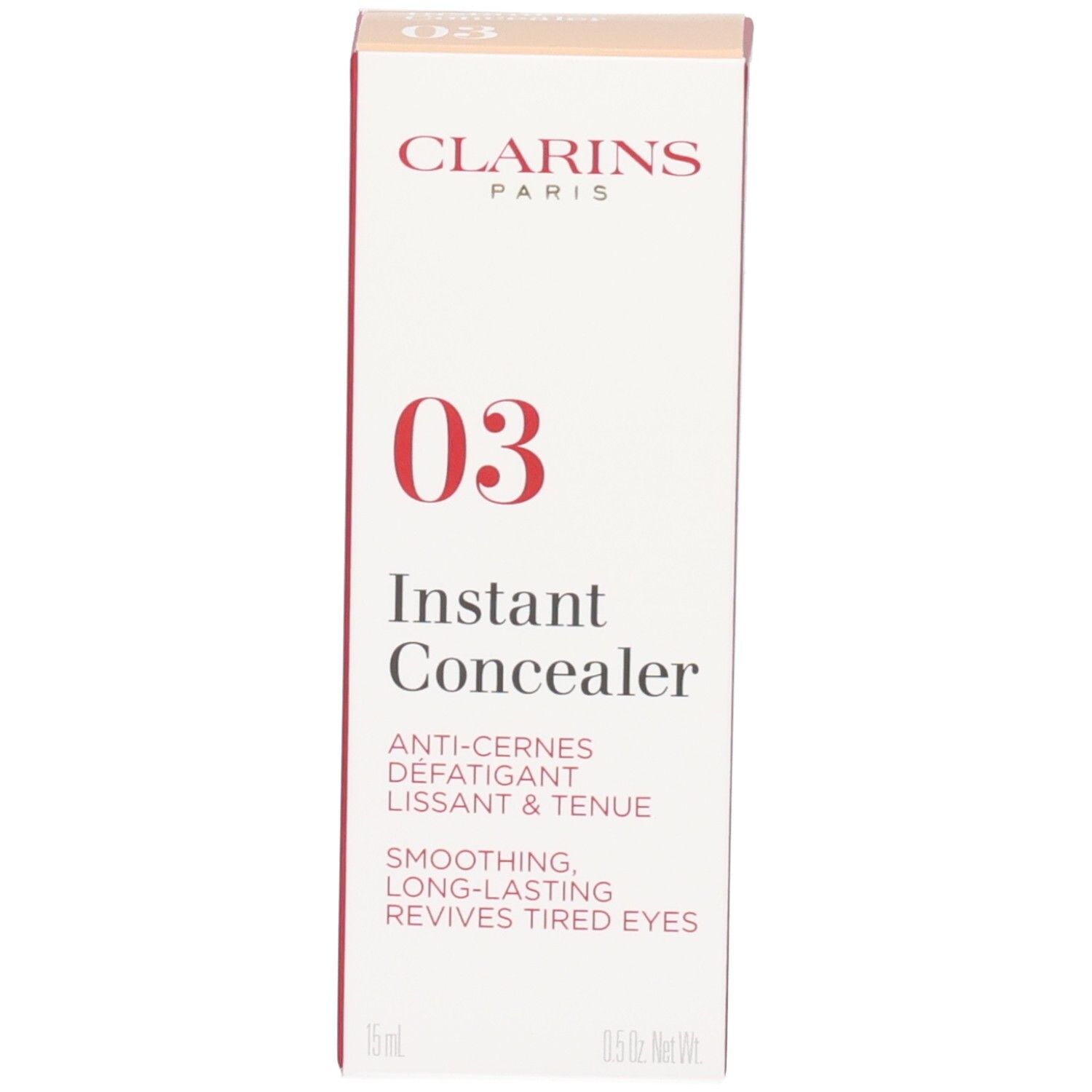 Scatola Clarins Instant Concealer 03 con design rosso e bianco. Mostra il numero 03 e il nome del prodotto.