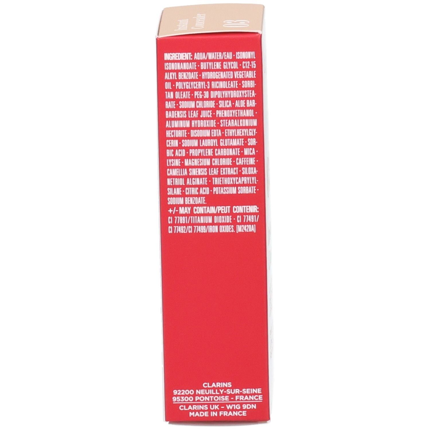 Lato della scatola Clarins Instant Concealer 03 con ingredienti e informazioni sul produttore.