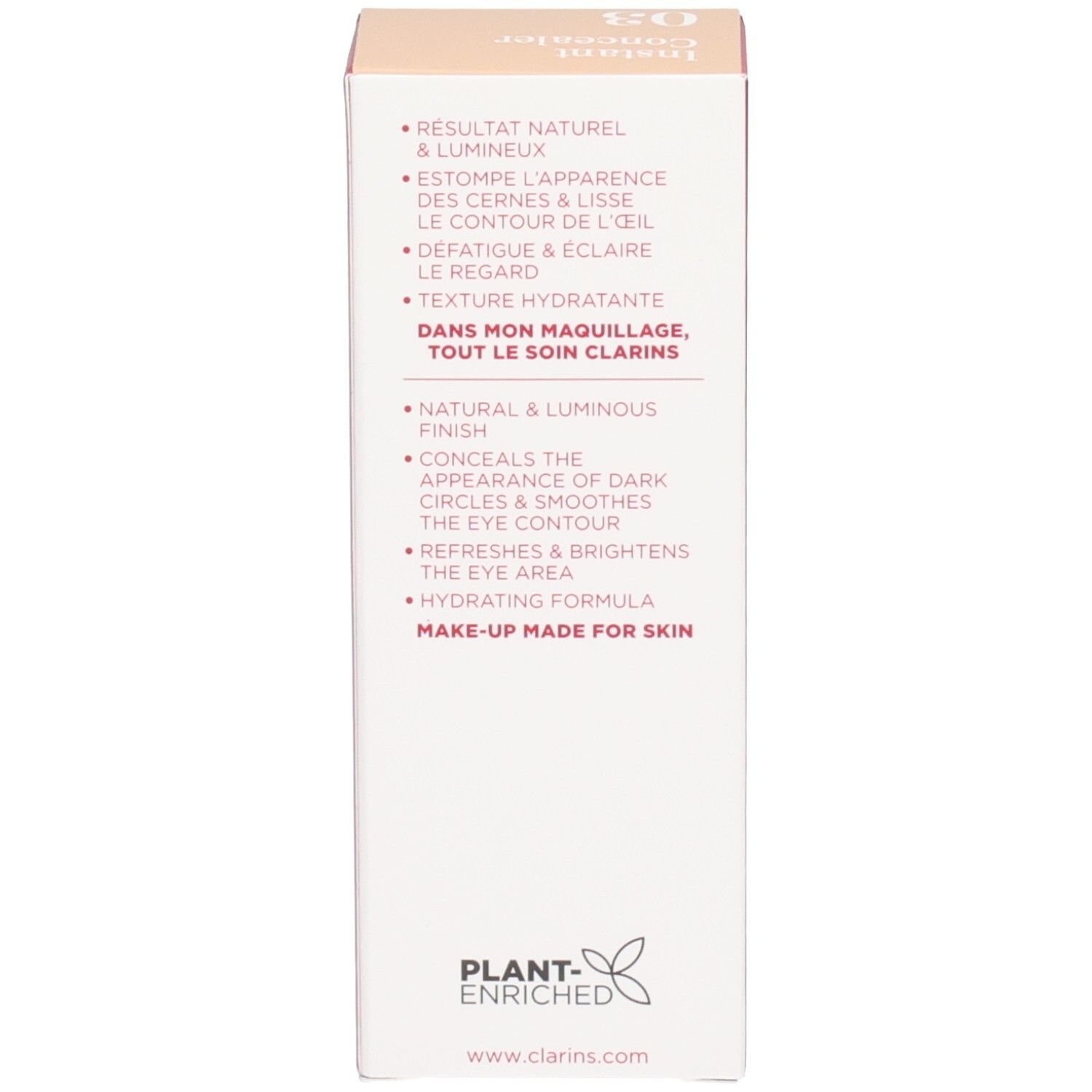 Lato della scatola Clarins Instant Concealer 03 con i vantaggi del prodotto in più lingue.