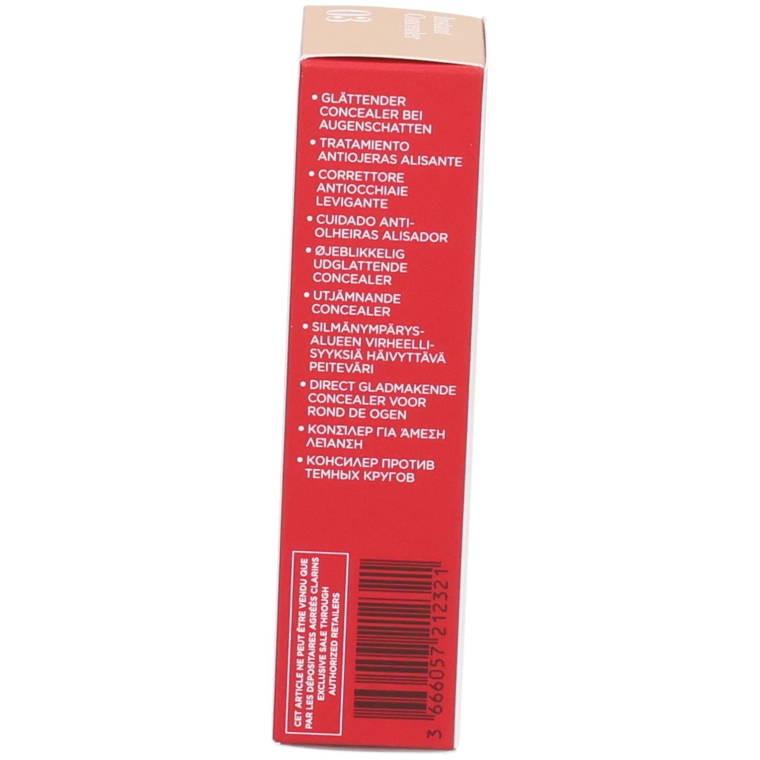 Lato della scatola Clarins Instant Concealer 03 con i vantaggi del prodotto e codice a barre.