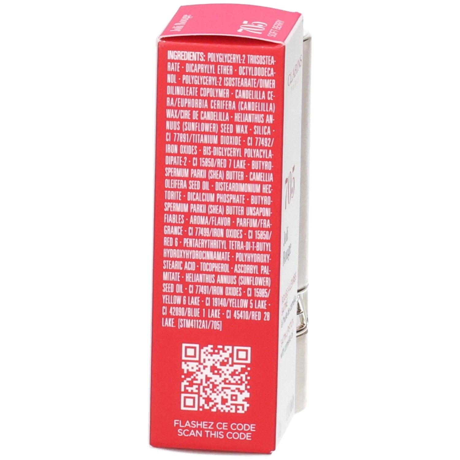Retro della confezione del Rossetto Clarins Joli Rouge Satin con ingredienti e codice QR.