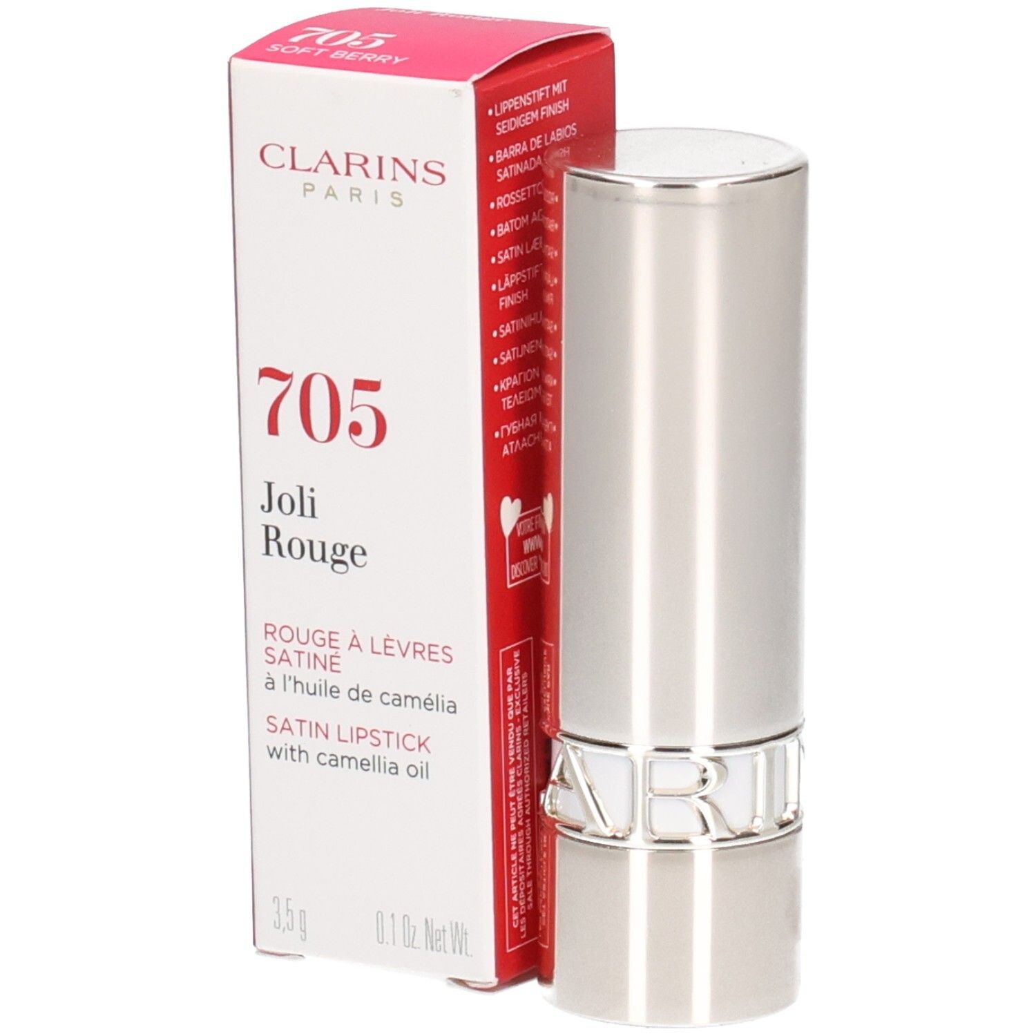 Rossetto Clarins Joli Rouge Satin 705 Soft Berry in astuccio argentato con scatola.