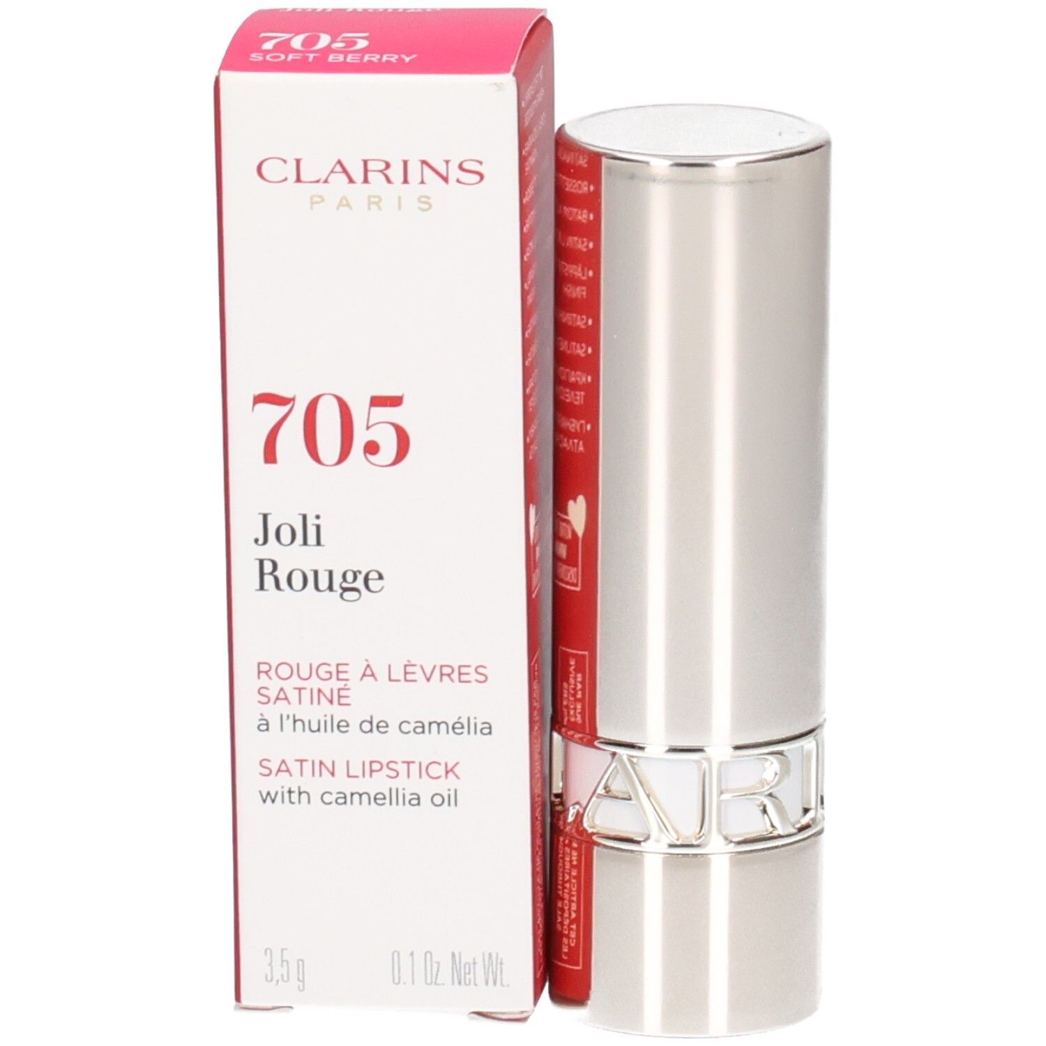 Rossetto Clarins Joli Rouge Satin 705 Soft Berry in astuccio argentato con scatola.