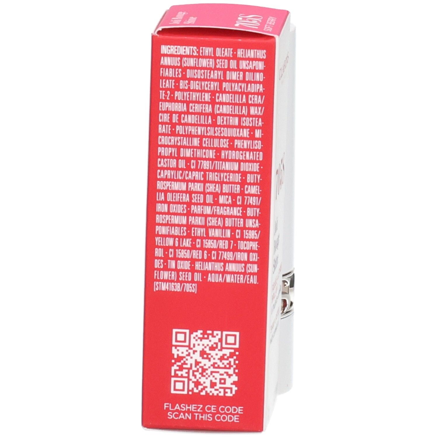 Rossetto Joli Rouge Shine 705S Soft Berry Clarins, retro della confezione con ingredienti.