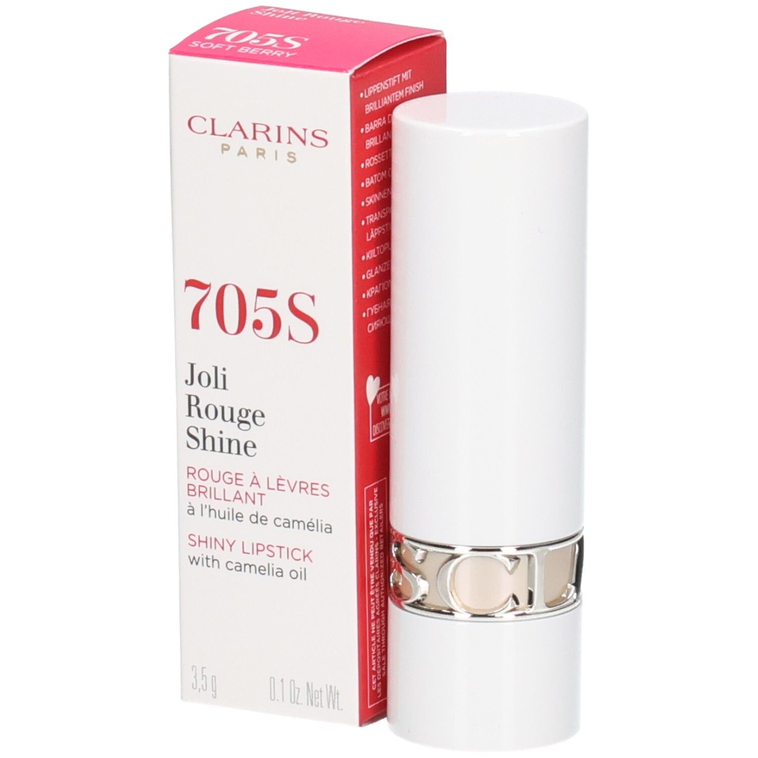 Rossetto Joli Rouge Shine 705S Soft Berry Clarins in astuccio bianco con confezione.